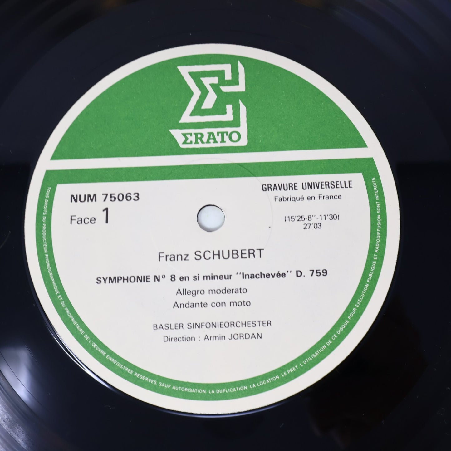 Schubert Basler Sinfonieorchester Armin Jordan Symphonie #8 4 Record NUM 75063