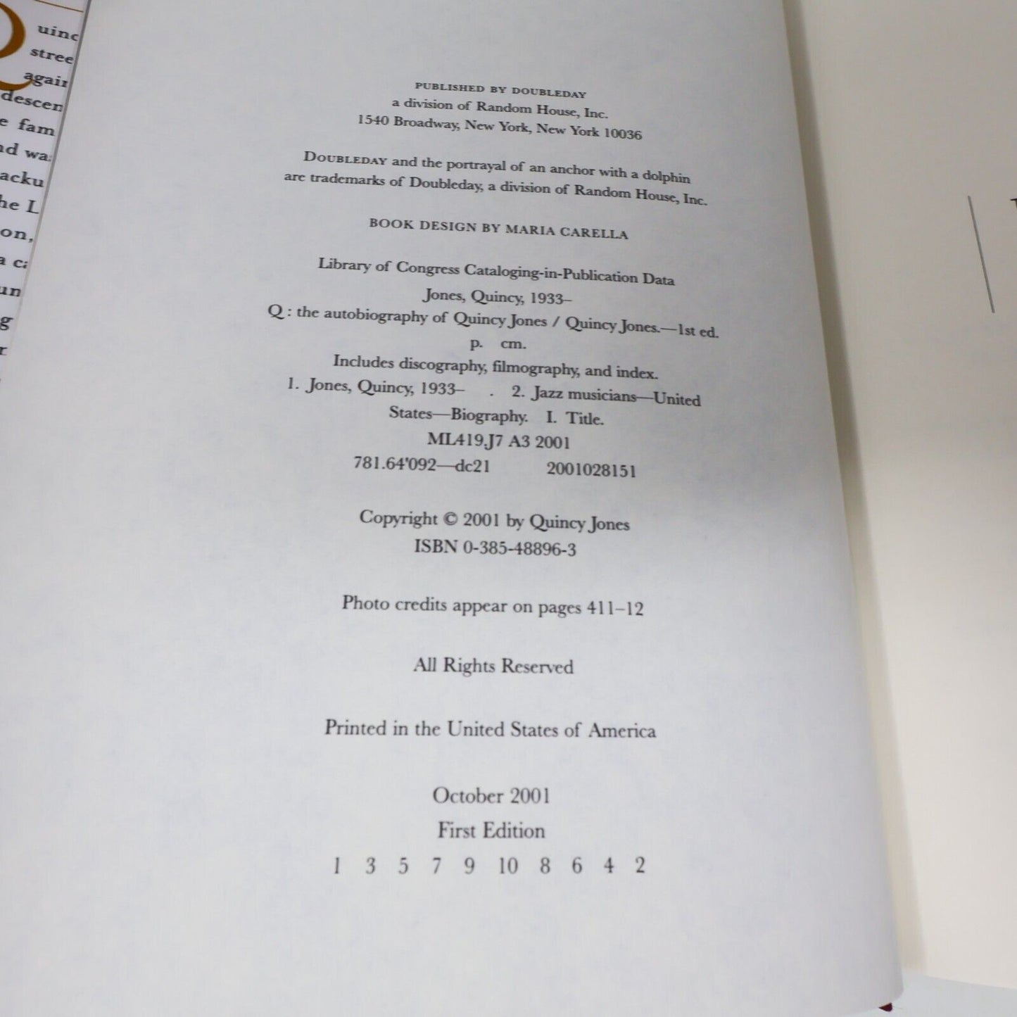 2001 Q the Autobiography of Quincy Jones Music 1st Edition Random House Book HC