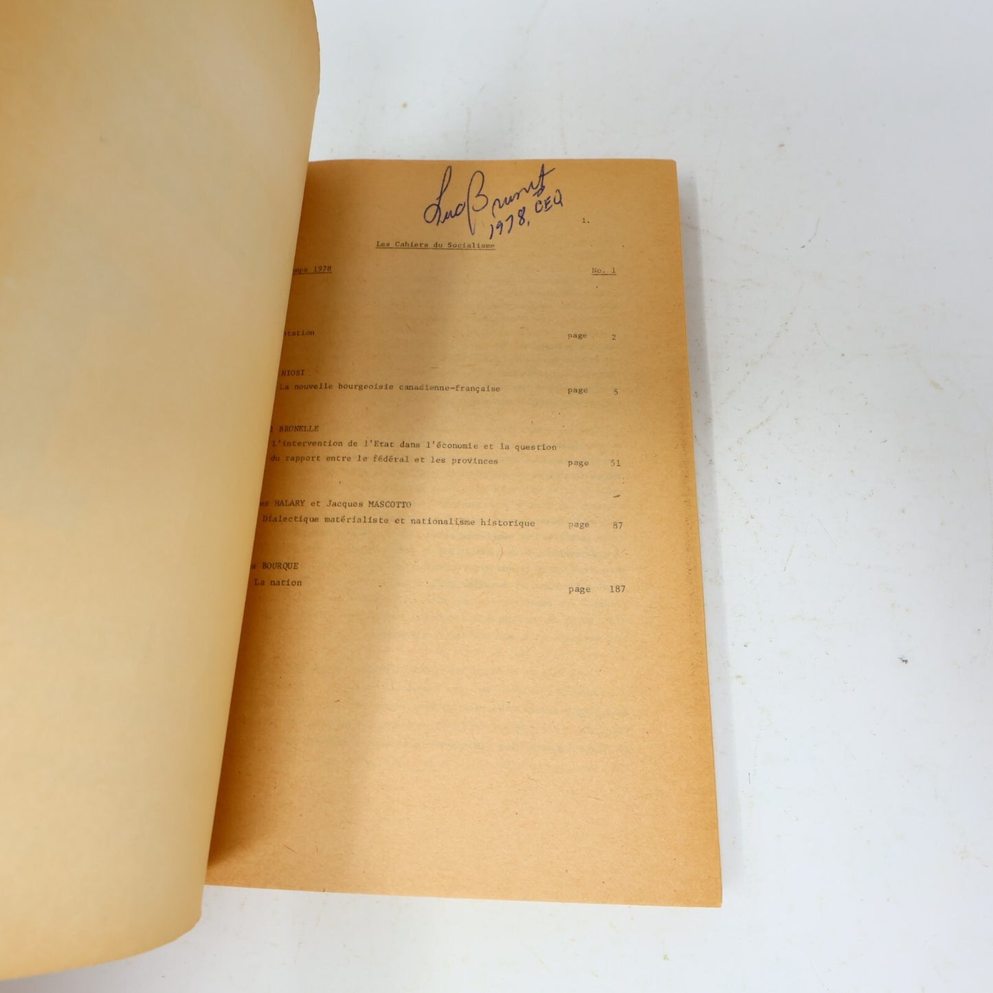 1978 Les Cahiers du Socialisme 1 Jorge Niosi/Dorval Brunelle/Ch. Halary Français