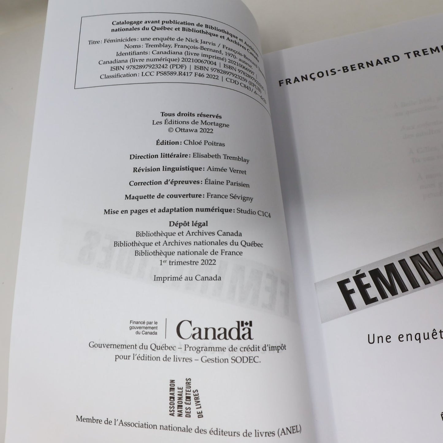 Féminicides François-Bernard Tremblay 2022 Français Thriller Mortagne Paperback