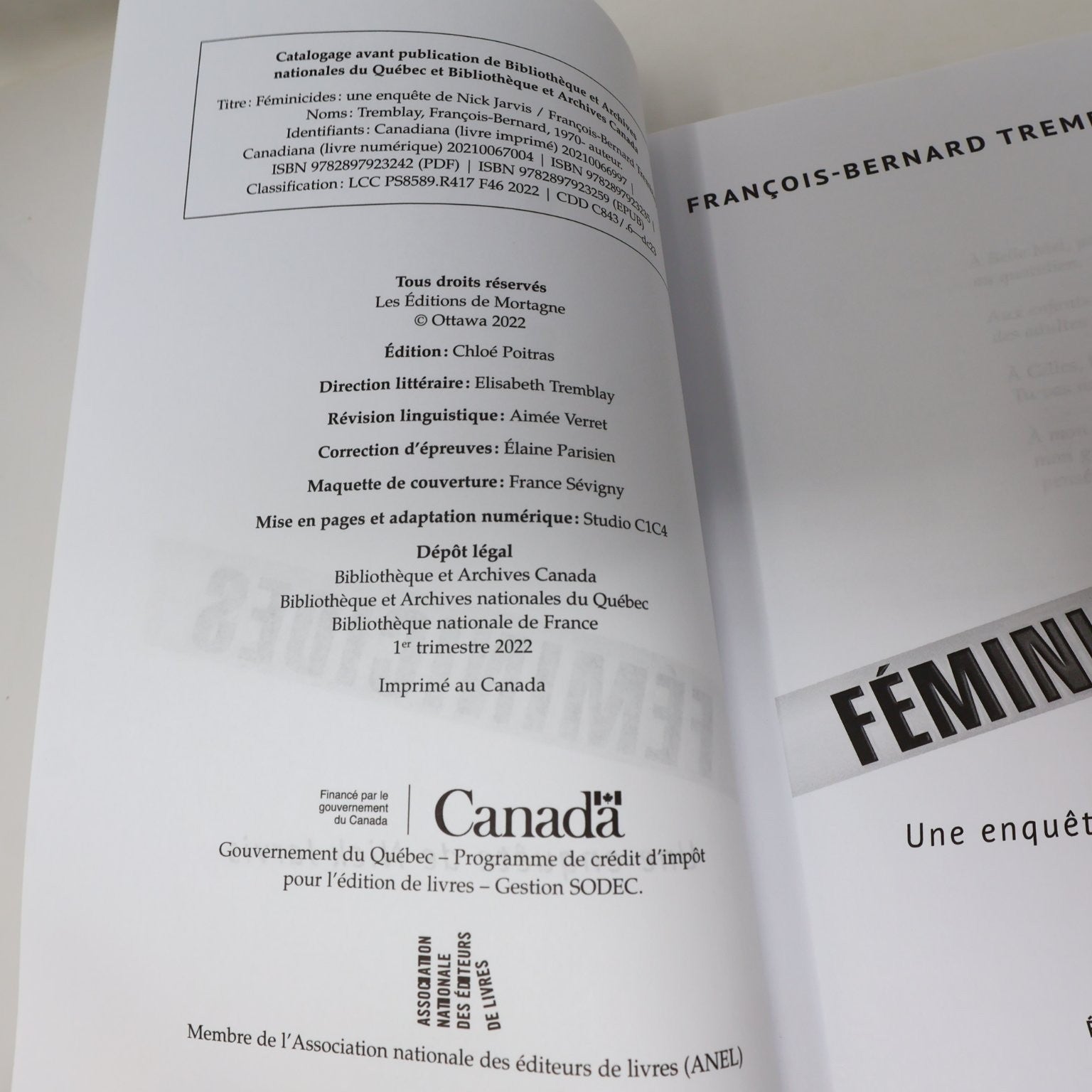 Féminicides François-Bernard Tremblay 2022 Français Thriller Mortagne Paperback