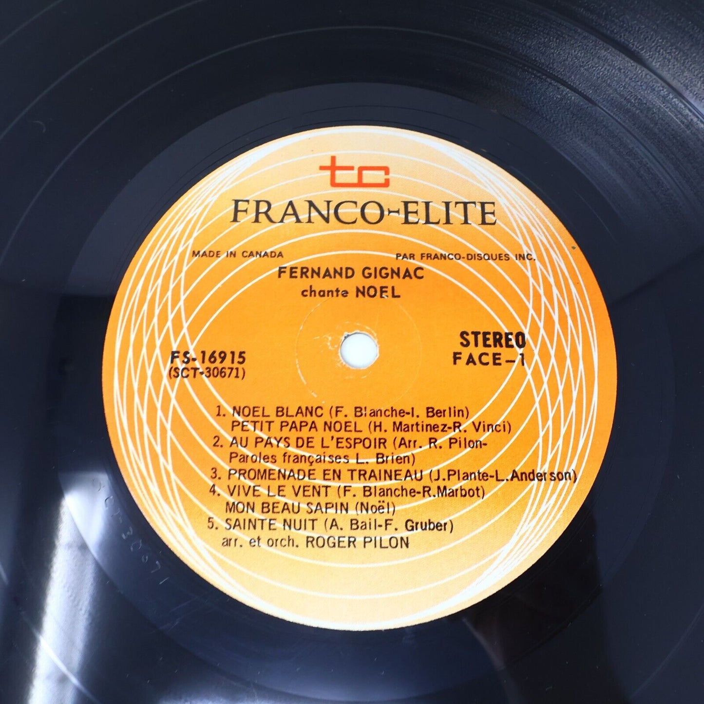 Fernand Gignac Chante Noël Disque LP Petit Papa Noël Blanc Ave Maria FS 16915