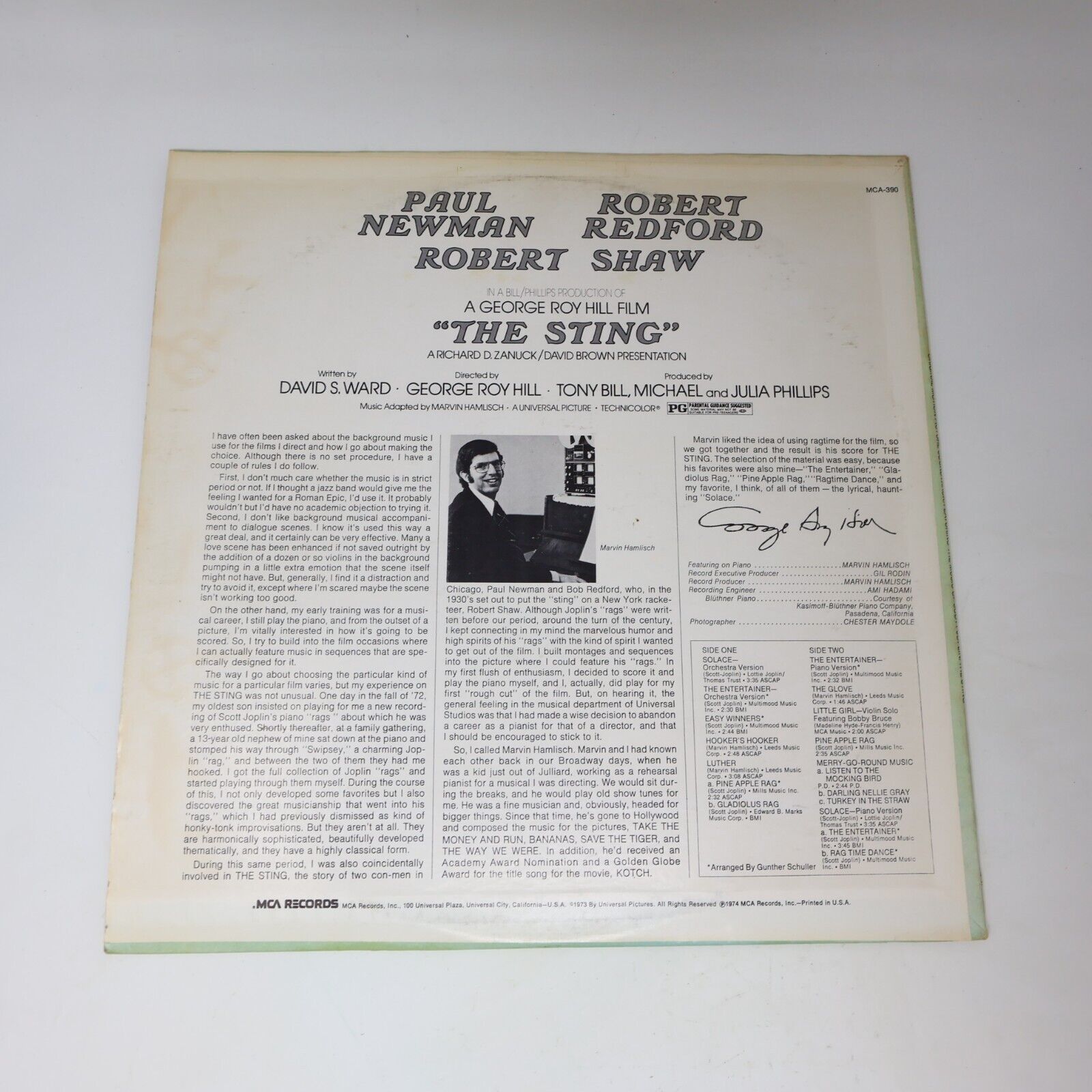 Marvin Hamlisch / Scott Joplin The Sting LP Record Movie Soundtrack 1974 MCA-390