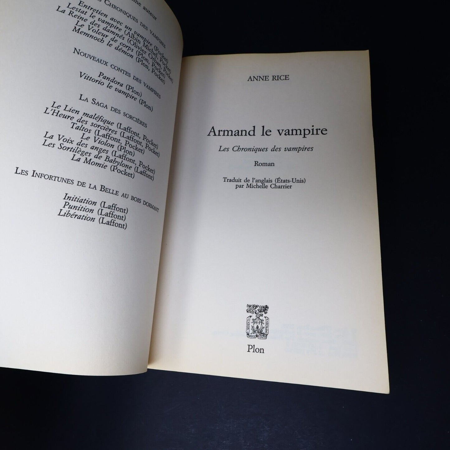 2001 Armand le Vampire de Anne Rice Vampires Plon Français Livre Paperback PB