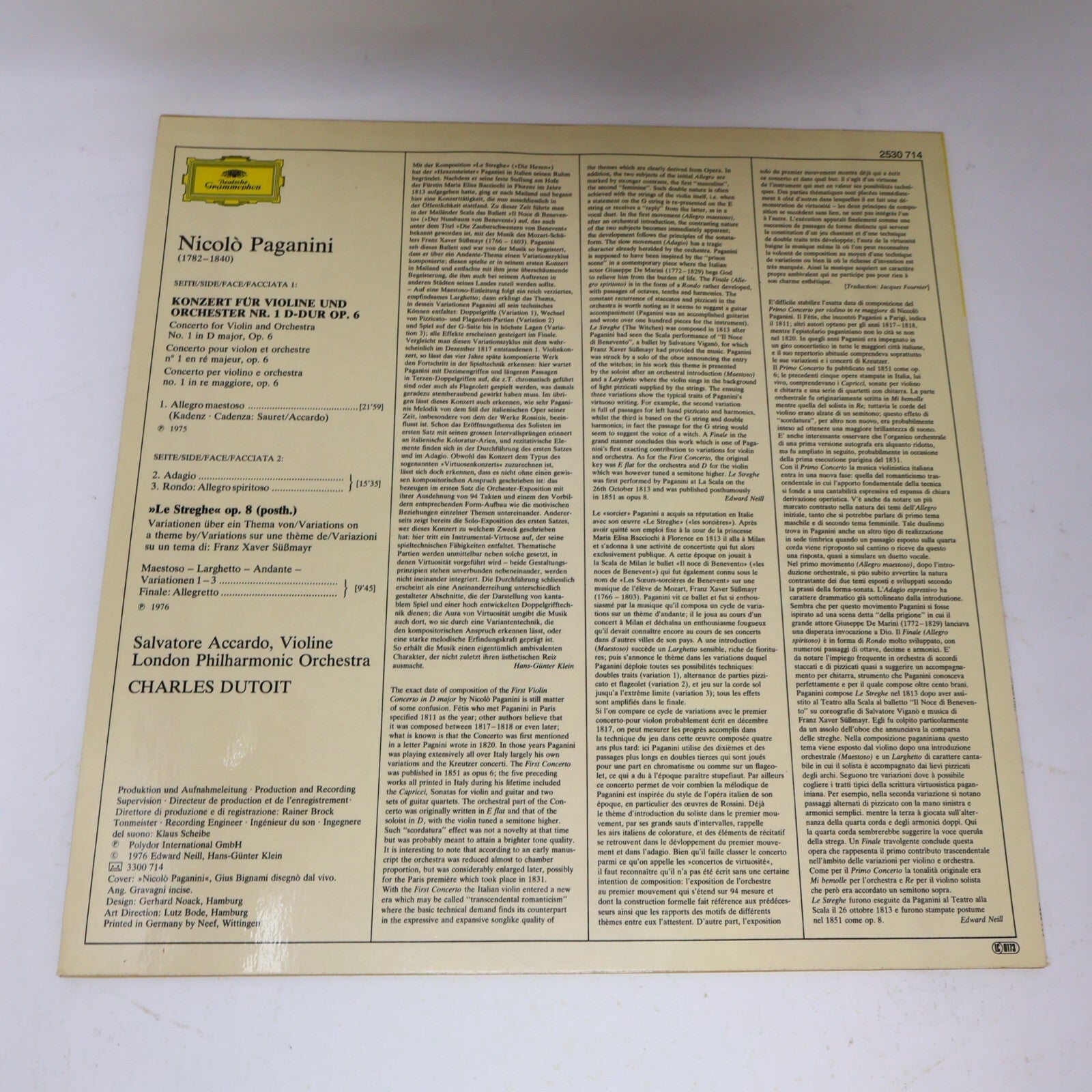 Paganini/Accardo Concerto per Violino Le Streghe Charles Dutoit Record 2530 714
