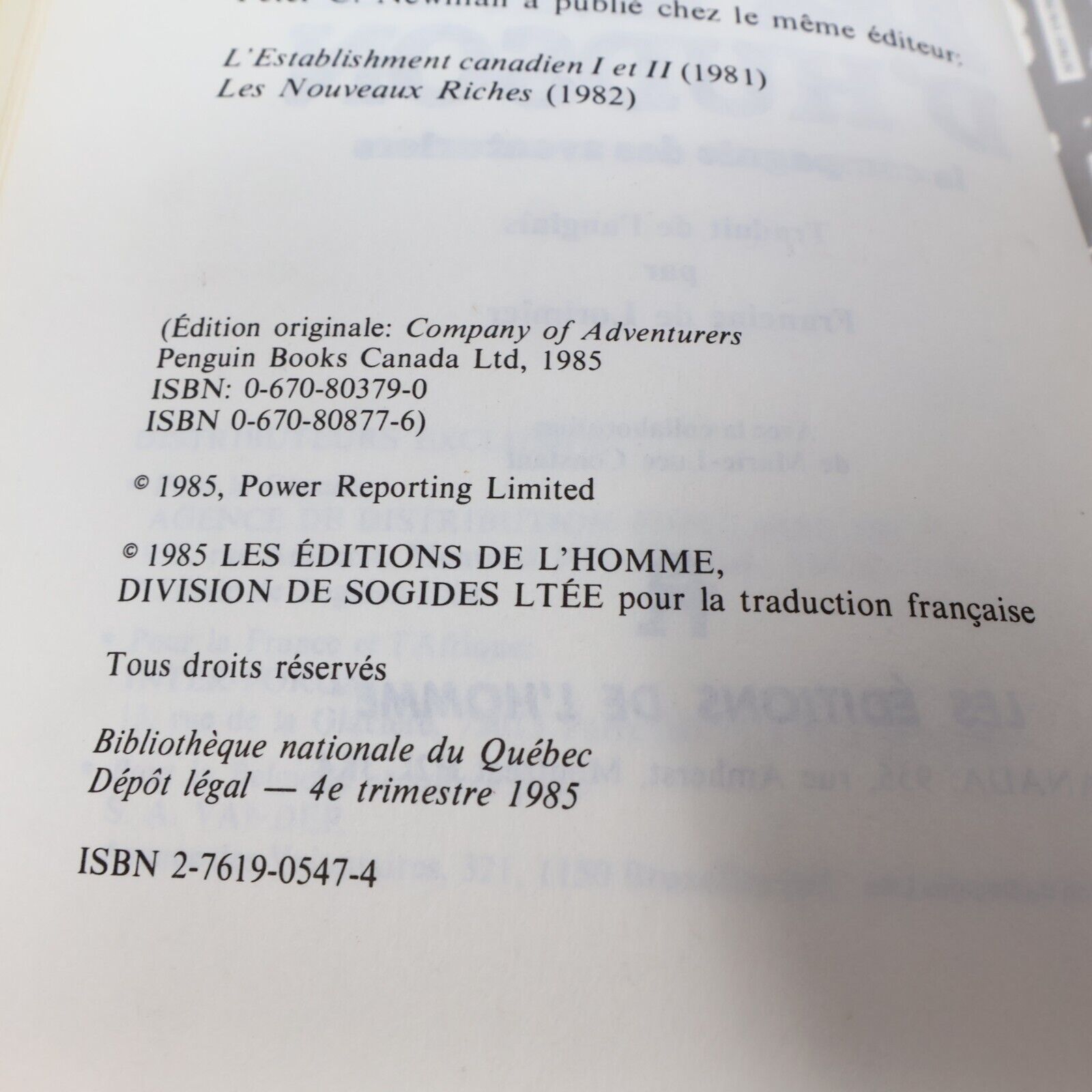 1985 La Baie d'Hudson la Compagnie des Aventuriers de Peter C. Newman Paperback