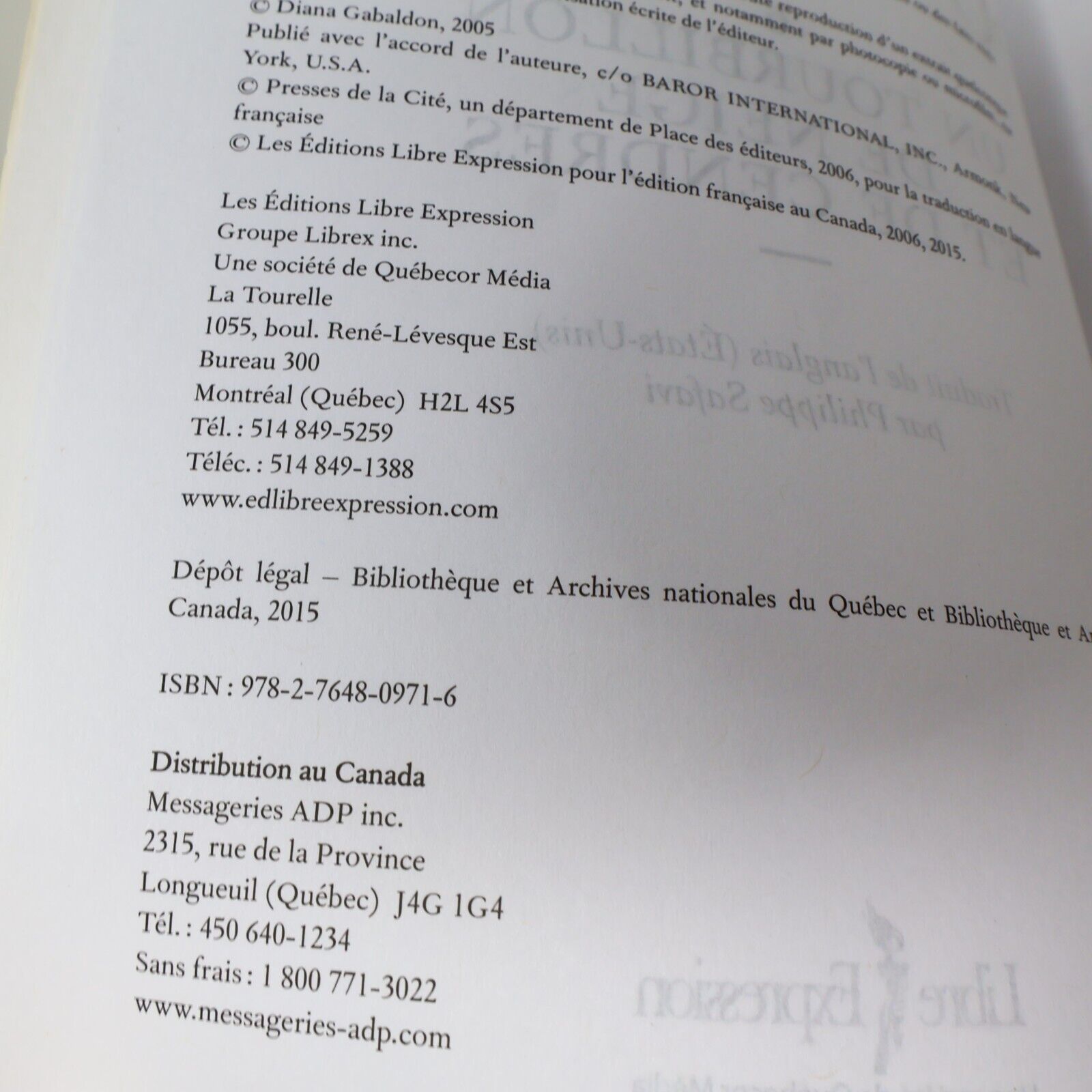 2015 Un Tourbillon de Neige et de Cendres Diana Gabaldon Omnibus Outlander #6 PB