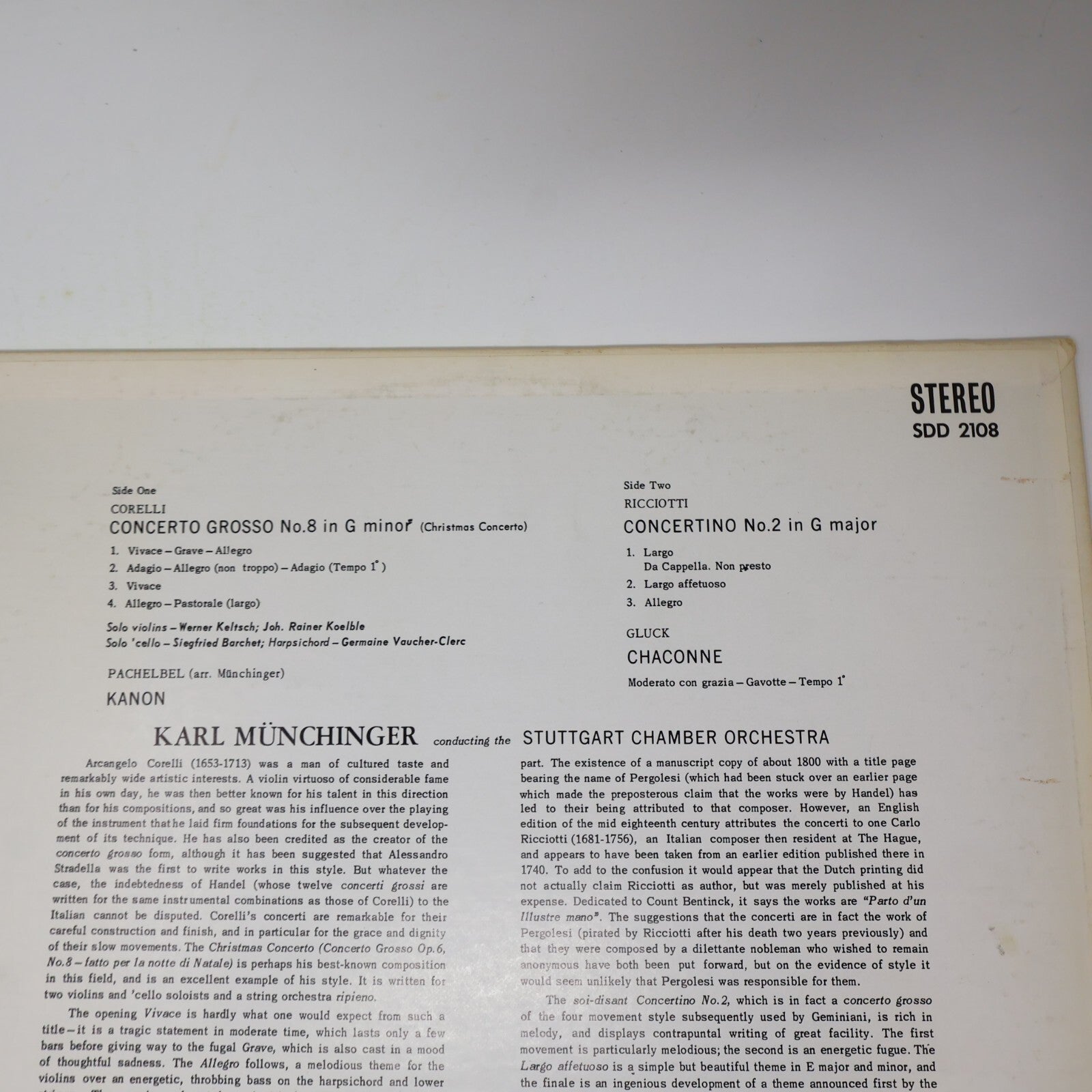 Münchinger Pachelbel Kanon Gluck Corelli Ricciotti Stuttgart Record SDD 2108