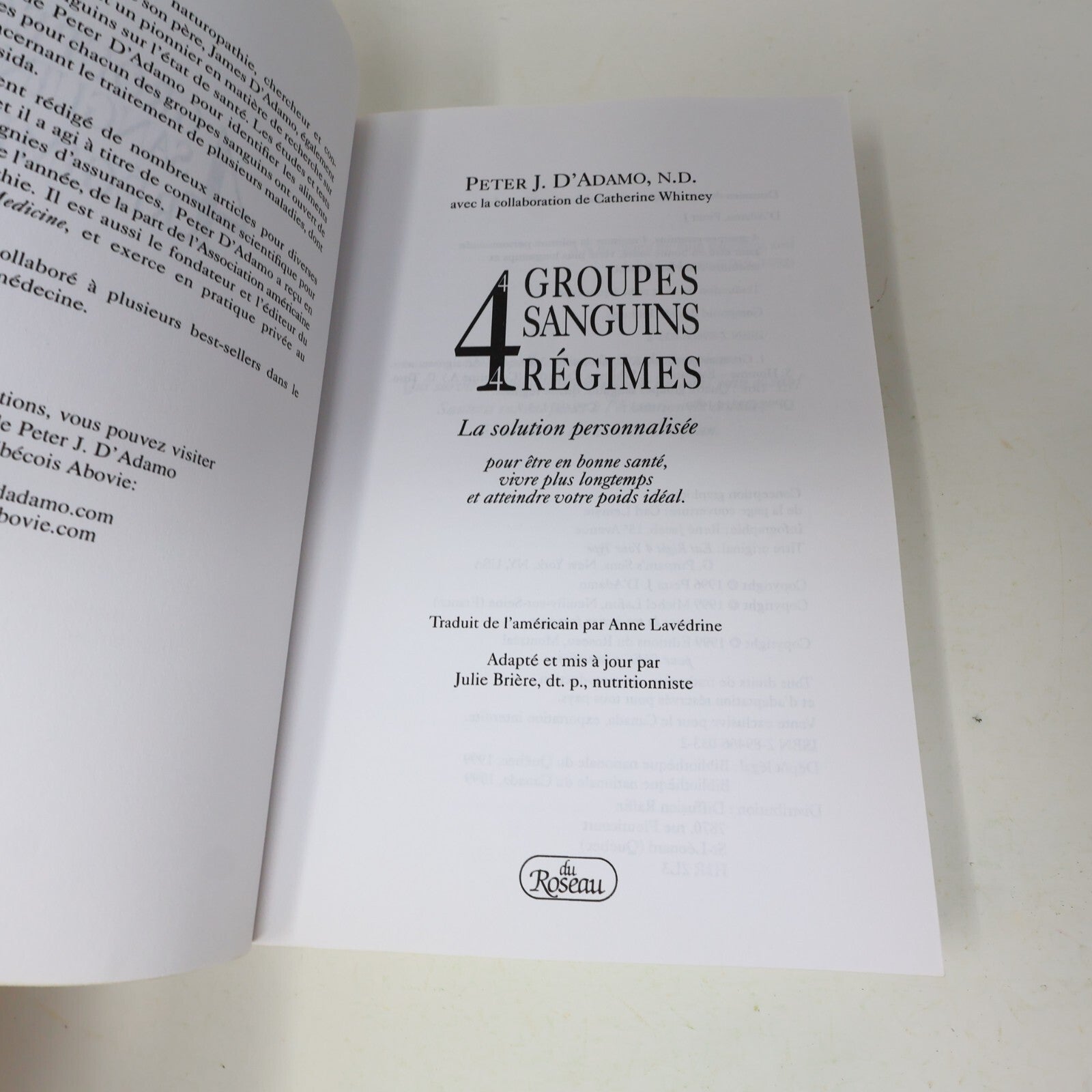 1999 4 Groupes Sanguins 4 Régimes Peter d'Adamo du Roseau Alimentation Nutrition