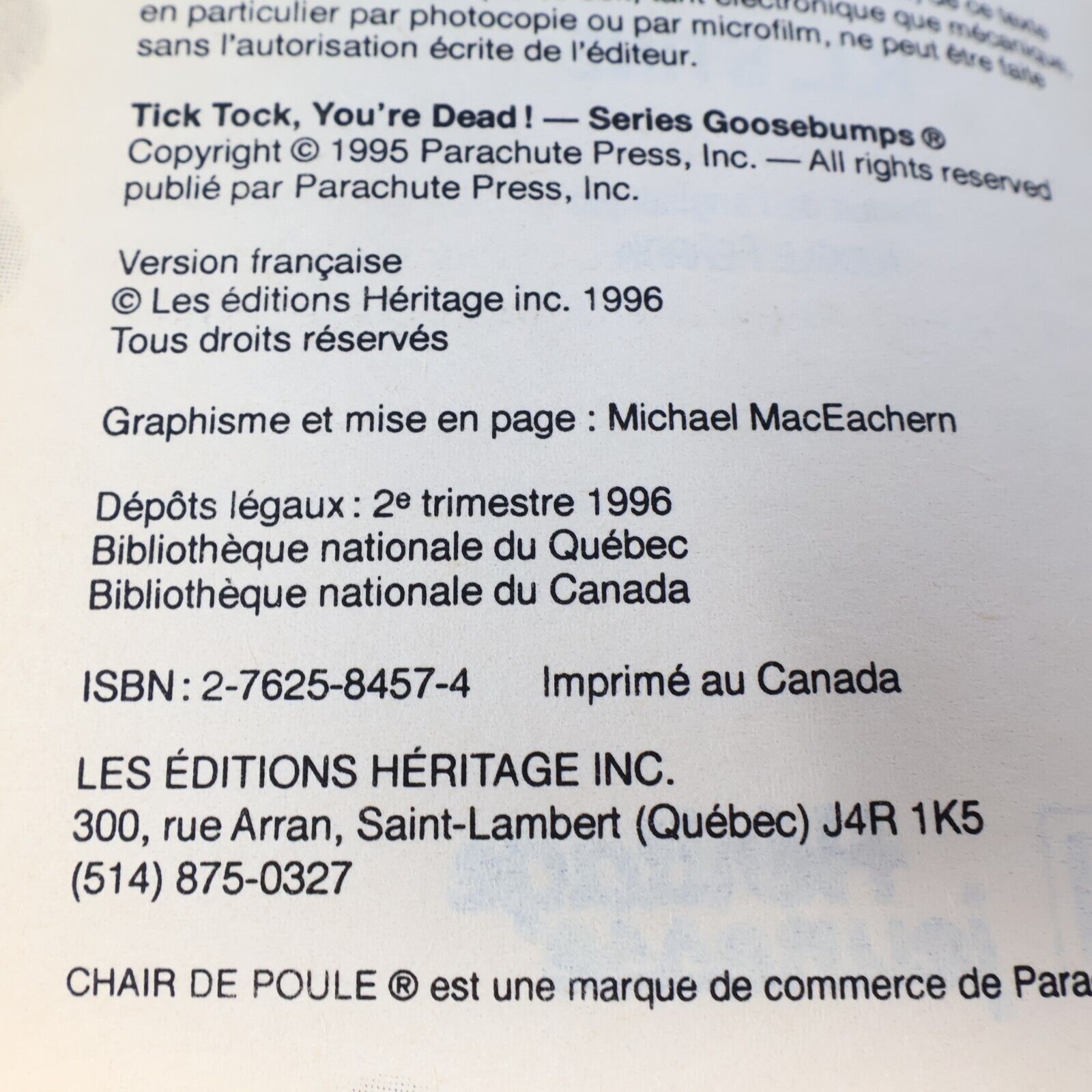 1996 Tic Toc Bienvenue en Enfer! Chair de Poule Extra #2 de R. L. Stine PB EH