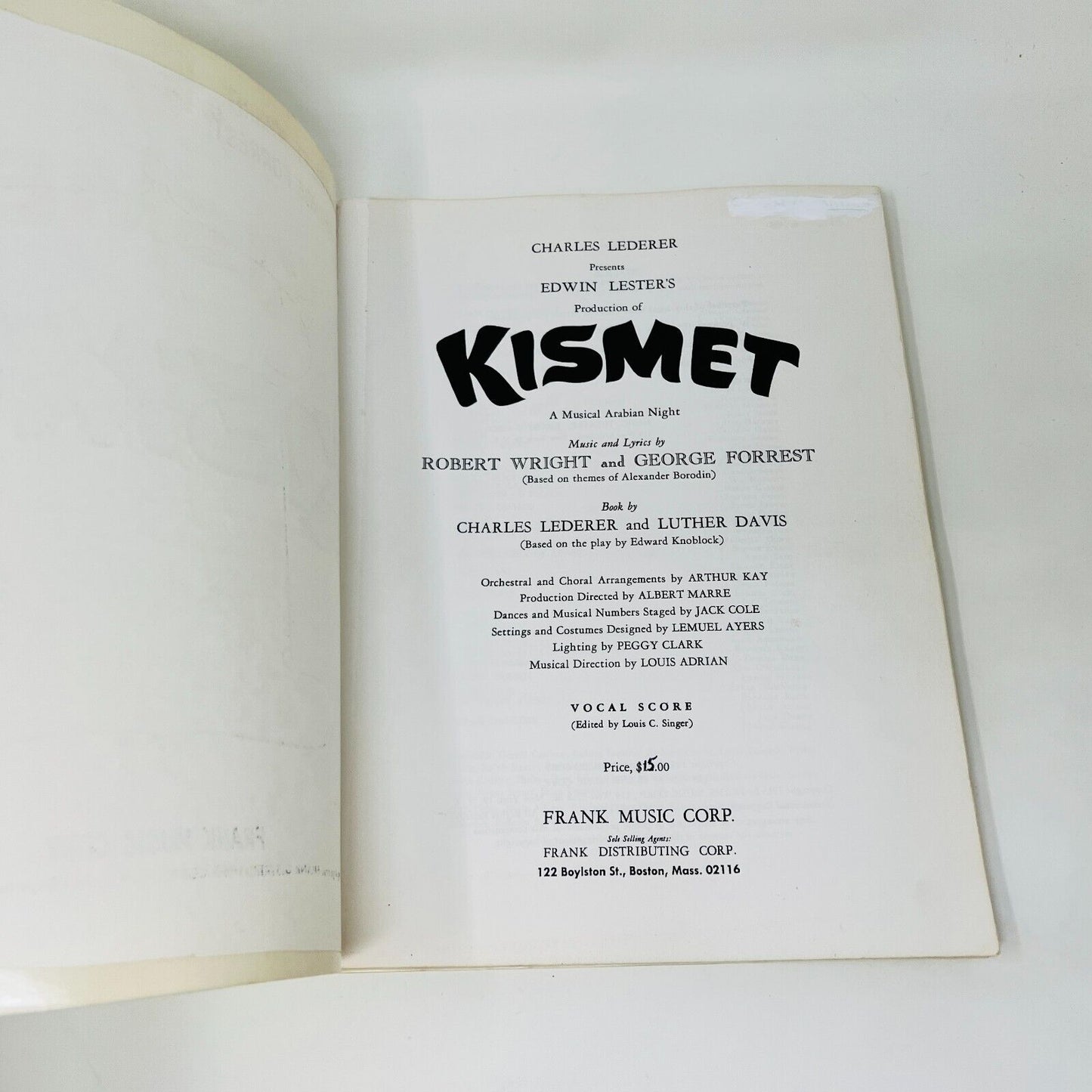 1954 Kismet Vocal Score Robert Wright/George Forrest Frank Music Paperback