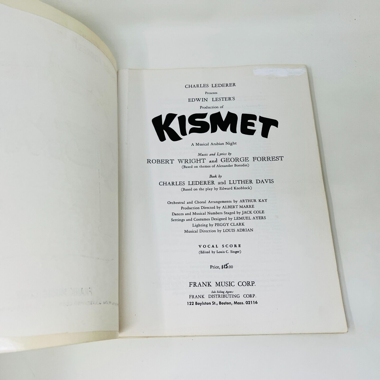 1954 Kismet Vocal Score Robert Wright/George Forrest Frank Music Paperback