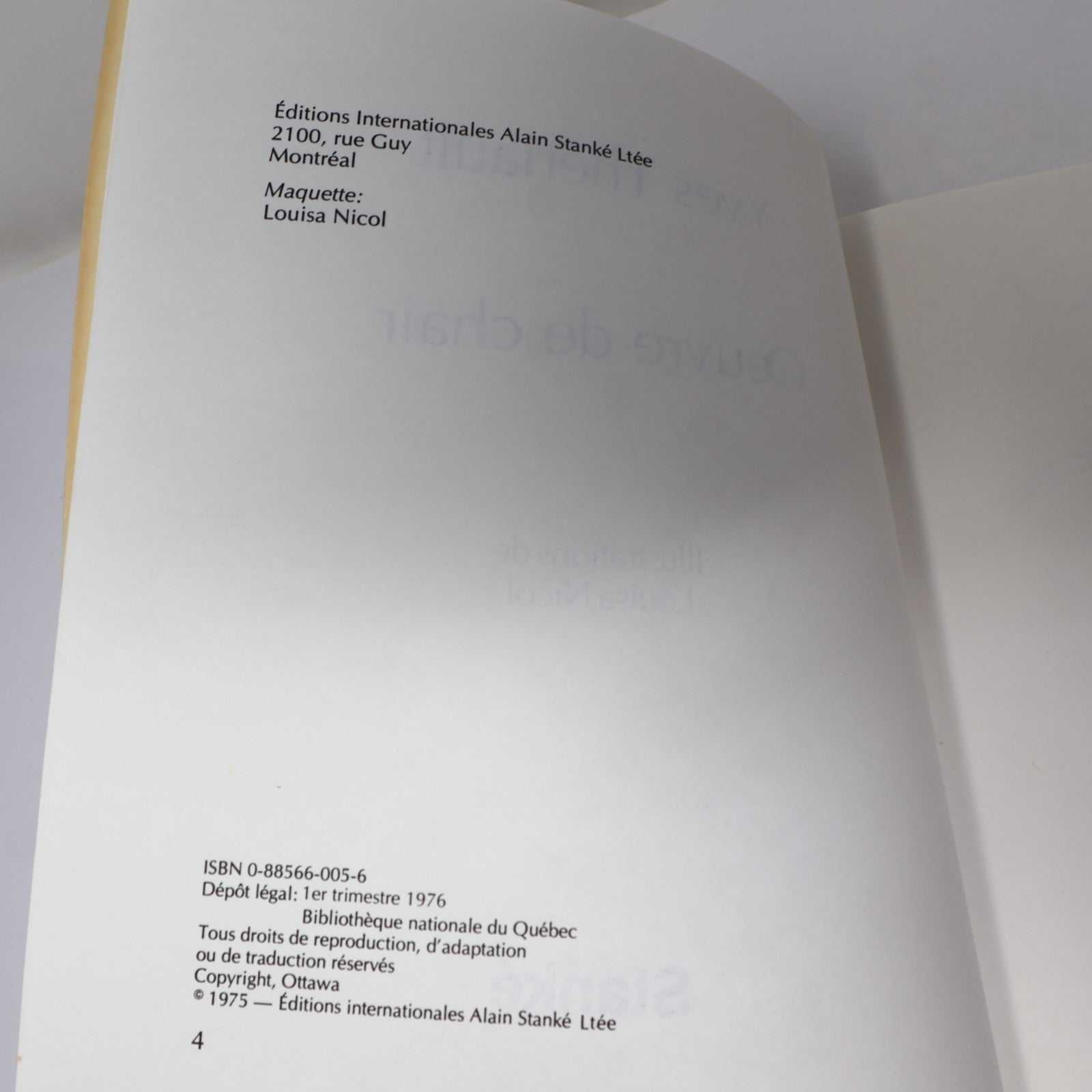 Oeuvre de Chair Yves Thériault Stanké 1976 PB Français French Nouvelles Québec
