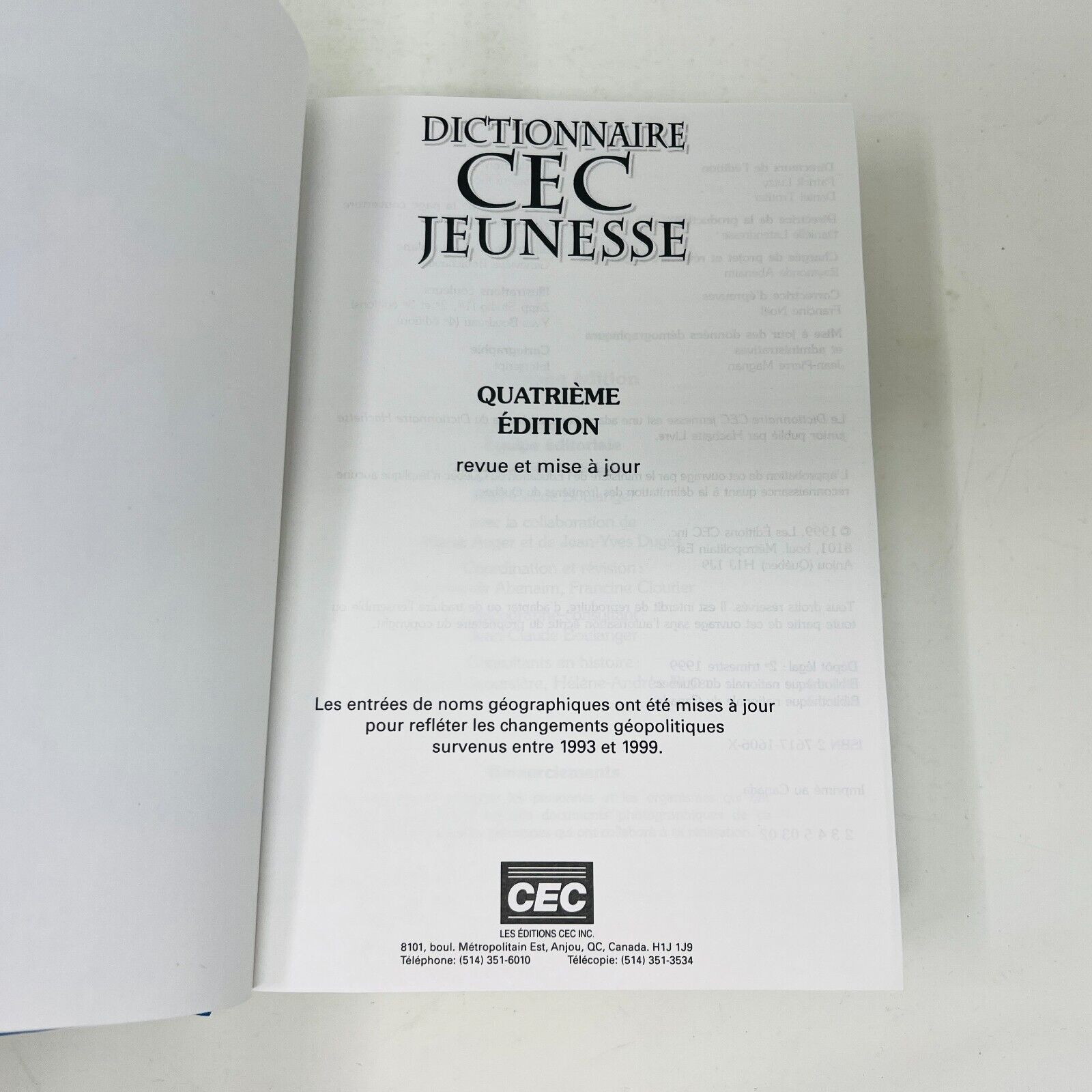 1999 Dictionnaire CEC Jeunesse Abenaim/Boulanger/Robichaud 4e Édition Français