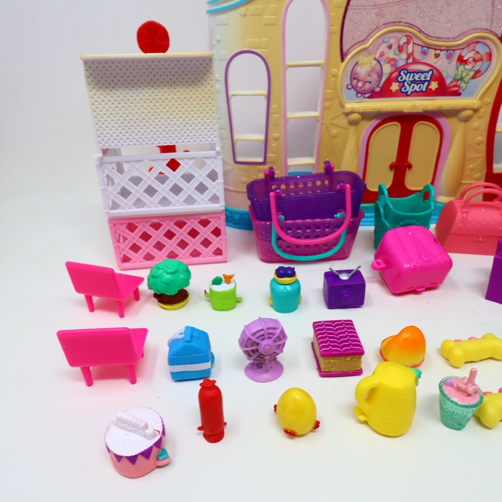 Lot of 20 Shopkins Figures + Sweet Spot Candy Shop Toys Baskets Mixed Moose