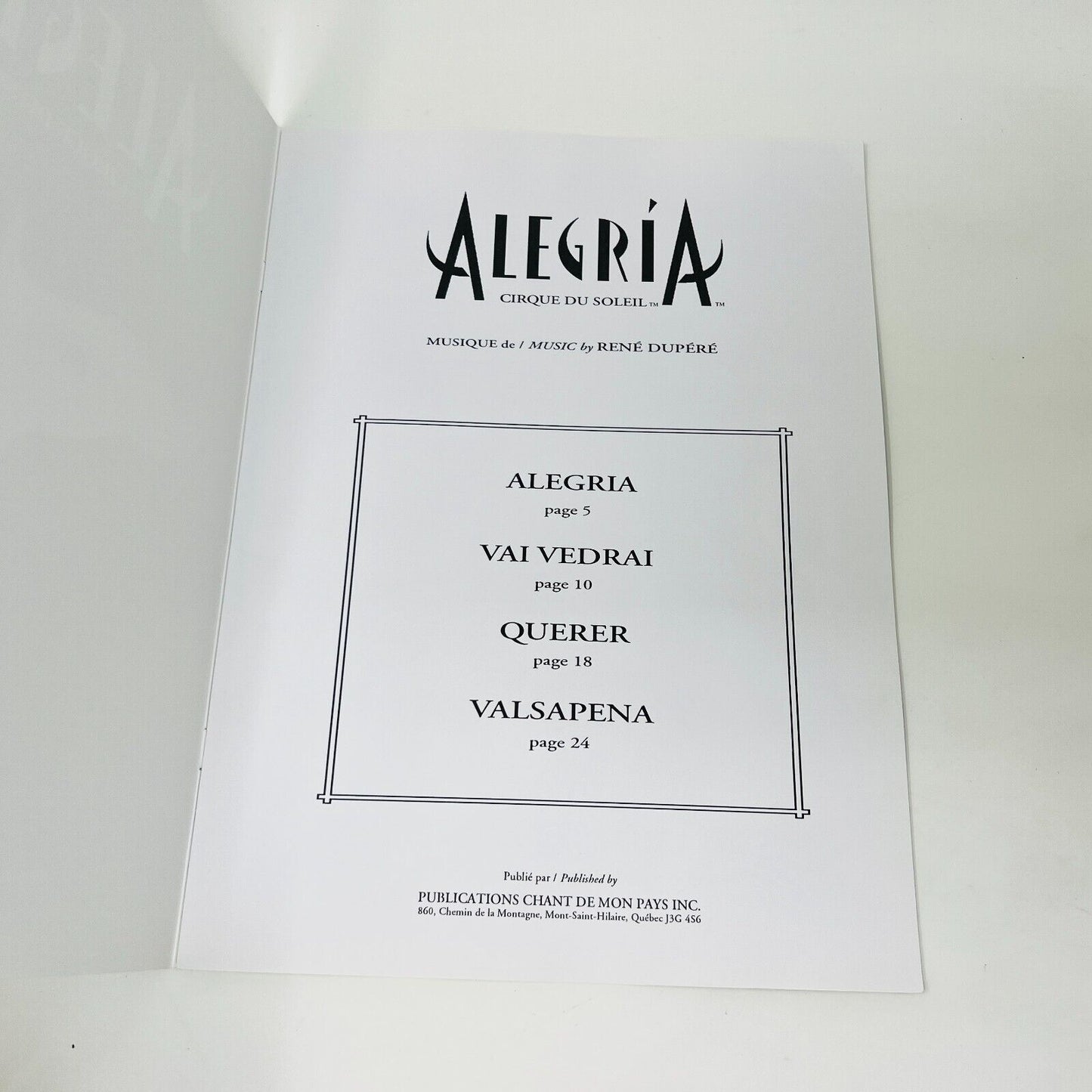 1995 Alegria Cirque du Soleil Songbook Show Music René Dupéré Chant de Mon Pays