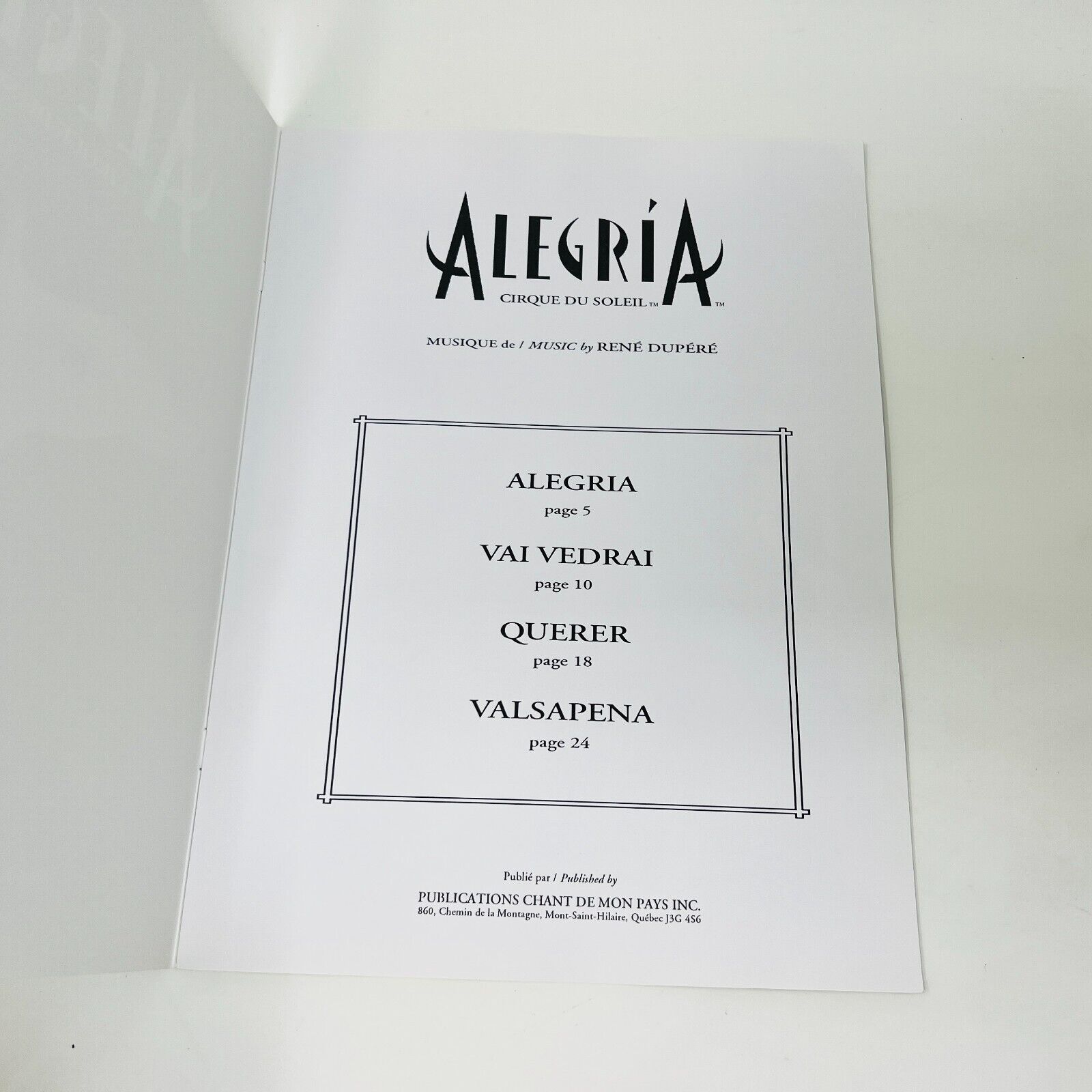 1995 Alegria Cirque du Soleil Songbook Show Music René Dupéré Chant de Mon Pays