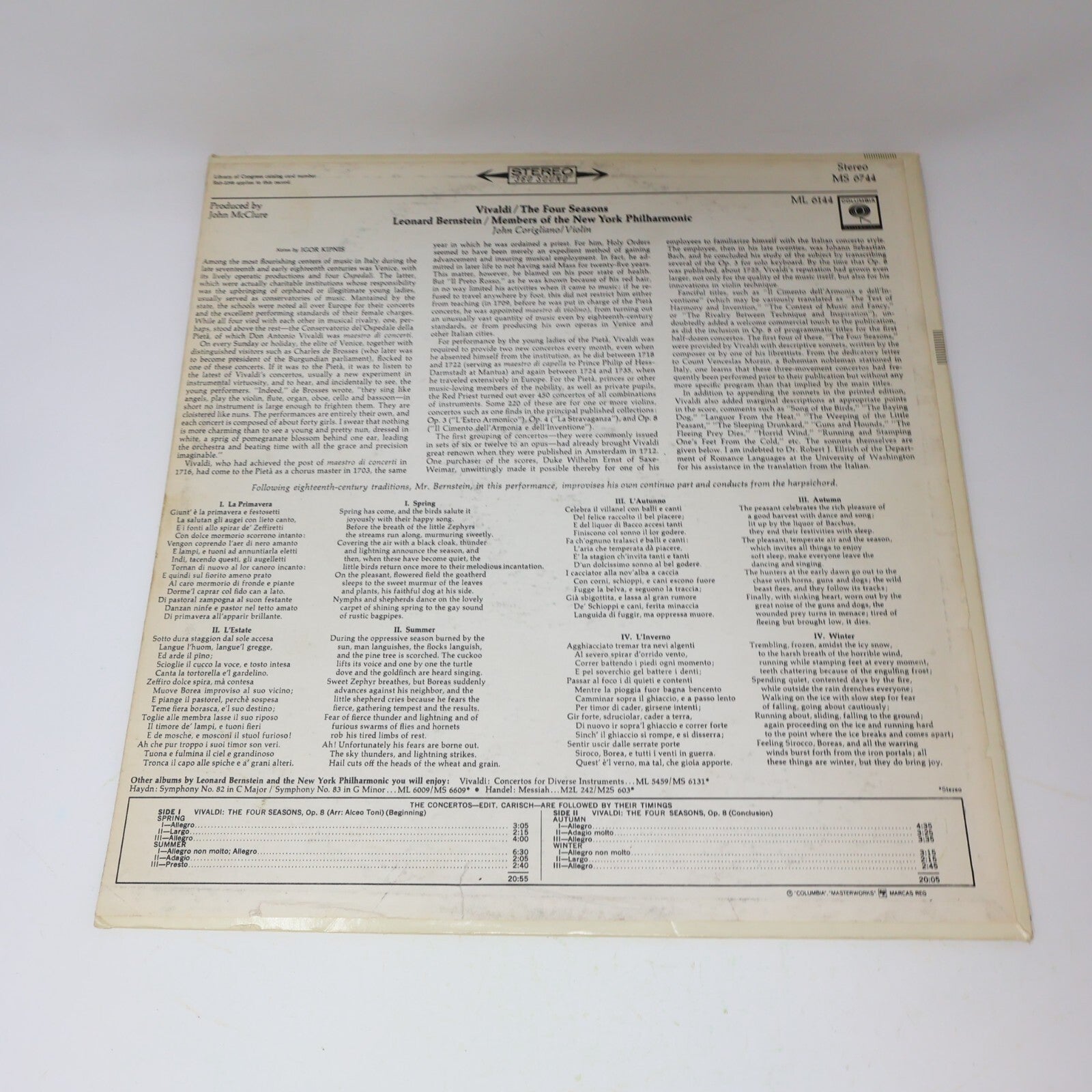 Vivaldi Leonard Bernstein The Four Seasons Op. 8 John Corigliano Record MS 6744