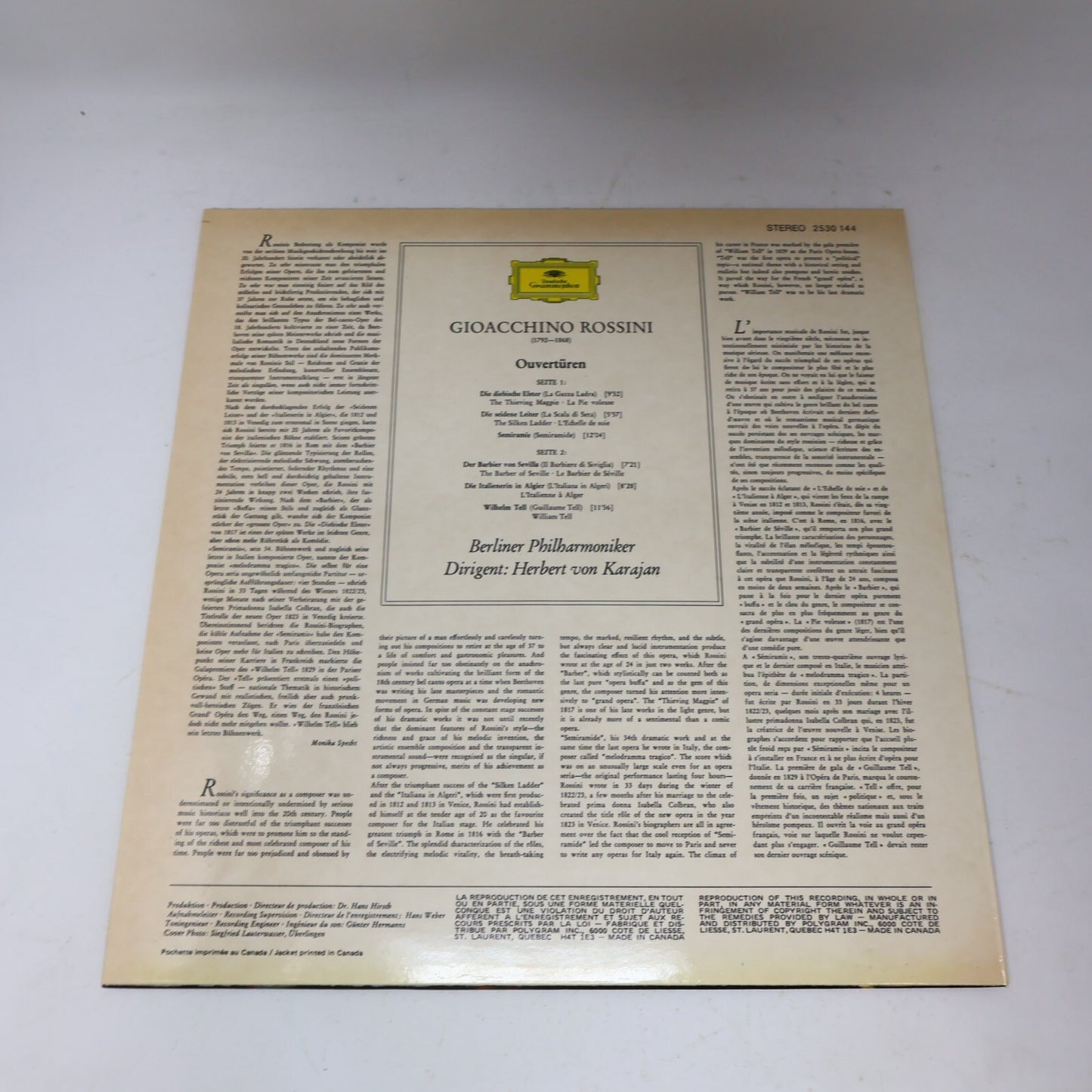 Herbert von Karajan Rossini Ouvertüren Berliner Philharmoniker Record 2530 144