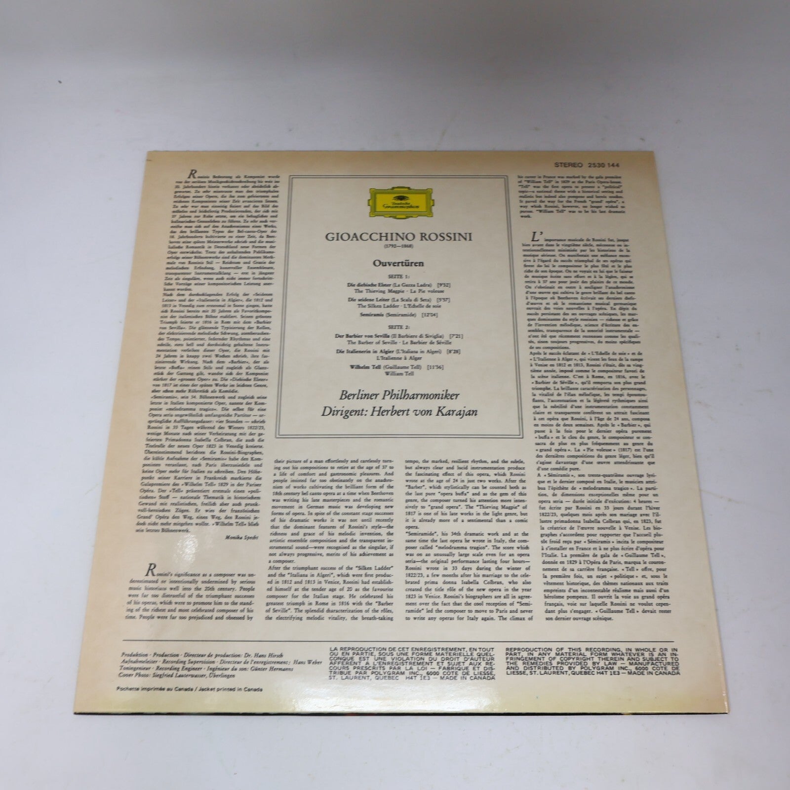 Herbert von Karajan Rossini Ouvertüren Berliner Philharmoniker Record 2530 144