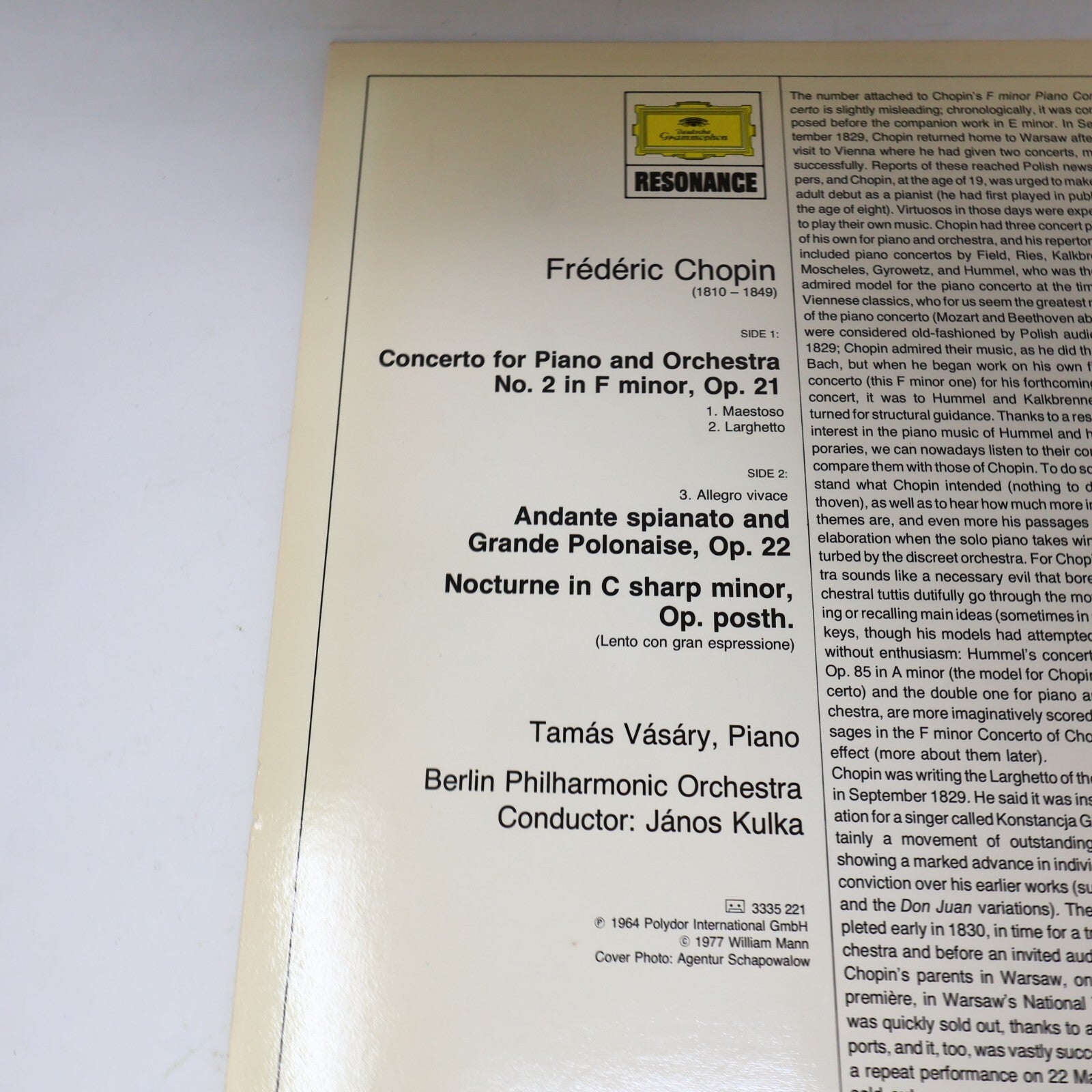 Janos Kulka Tamás Vásáry Frédéric Chopin Piano Concerto #2 LP Record 2535 221