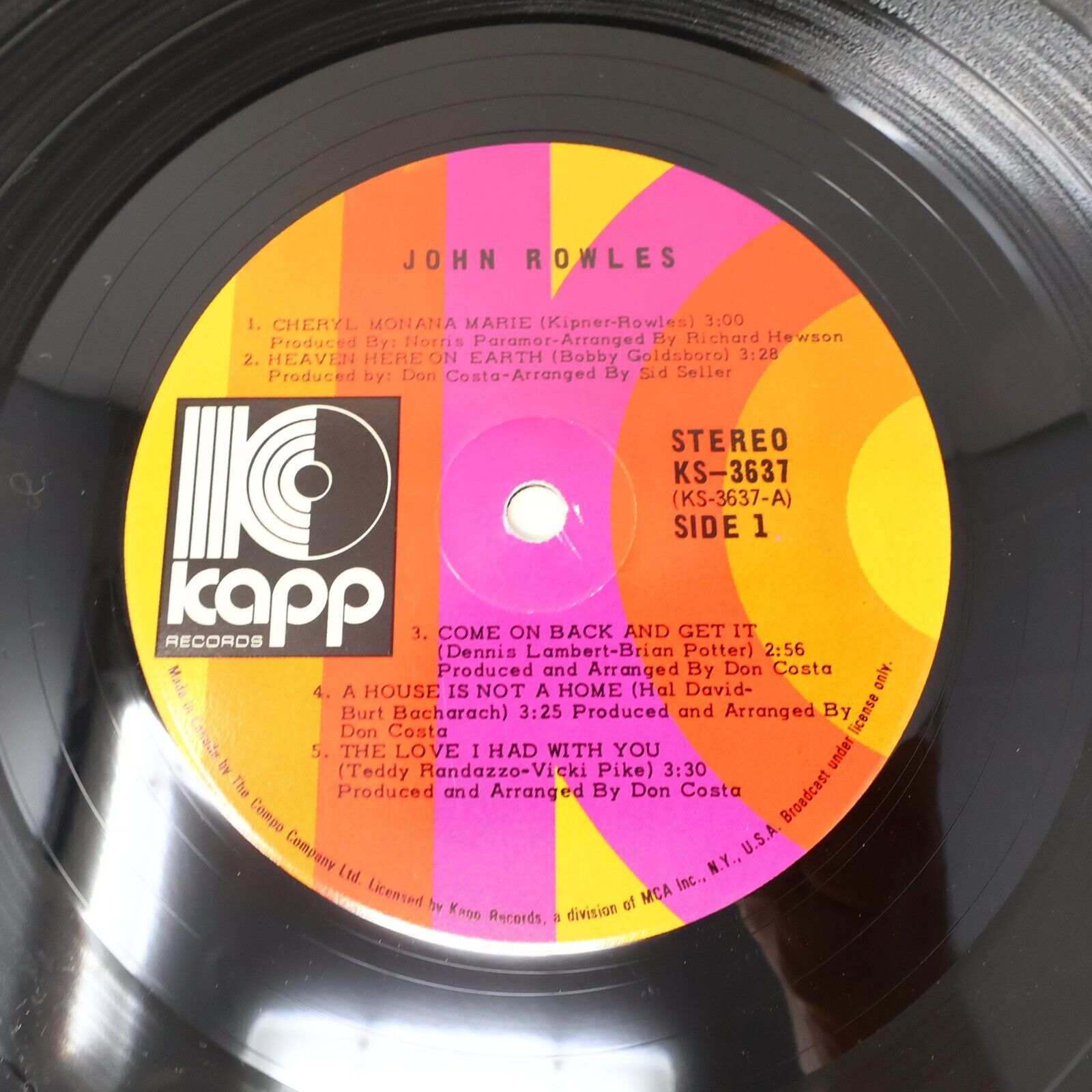 John Rowles Sings Cheryl Moana Marie LP Record Vinyl Canada KS 3637 Kapp 1970
