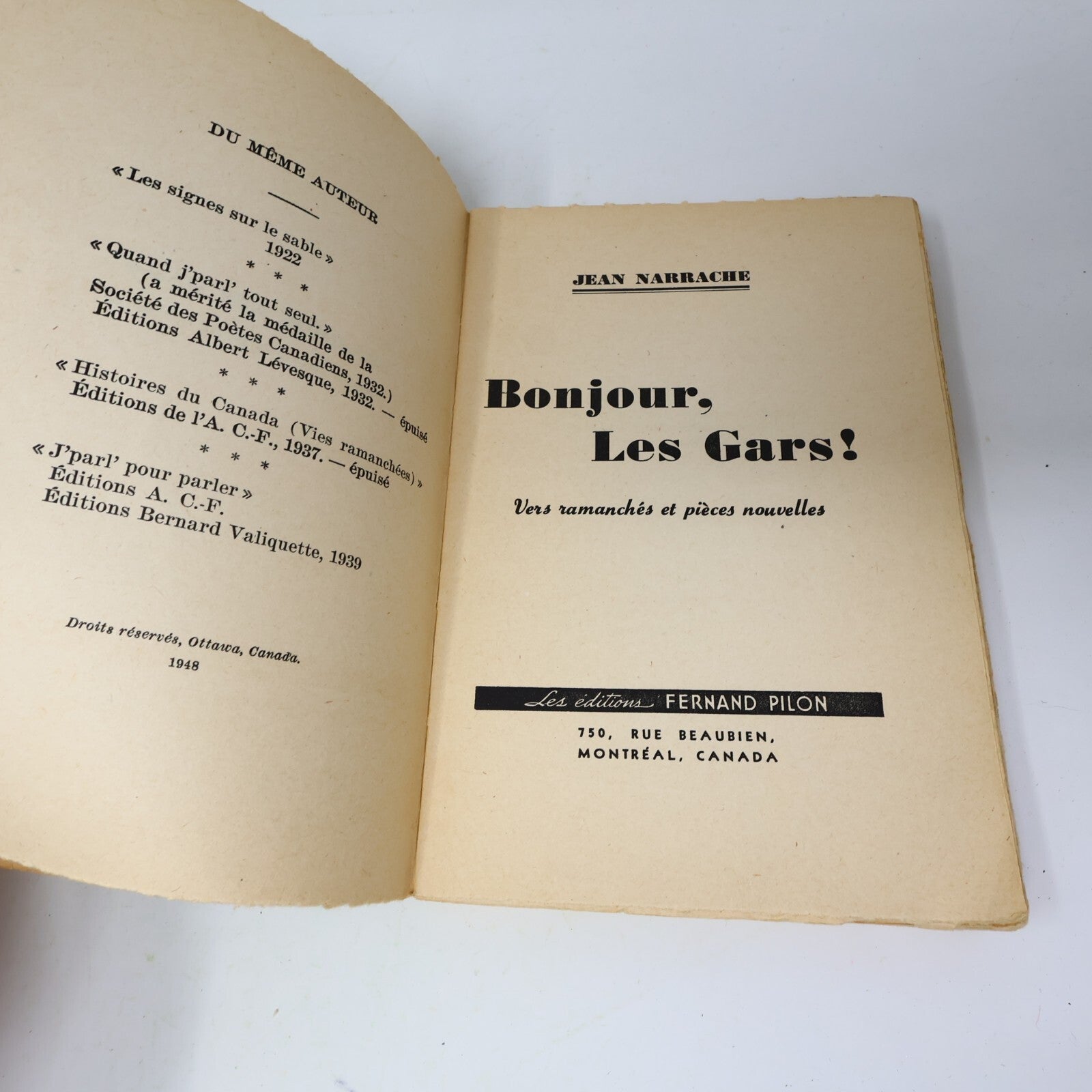 1948 Bonjour les Gars! Jean Narrache/Émile Coderre Éditions Fernand Pilon Poésie