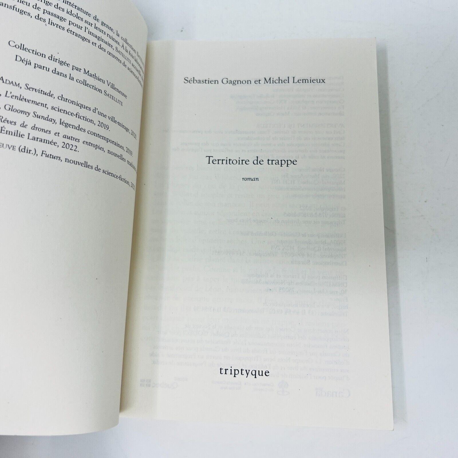 2022 Territoire de Trappe Gagnon/Lemieux Roman Fiction Français Livre Triptyque