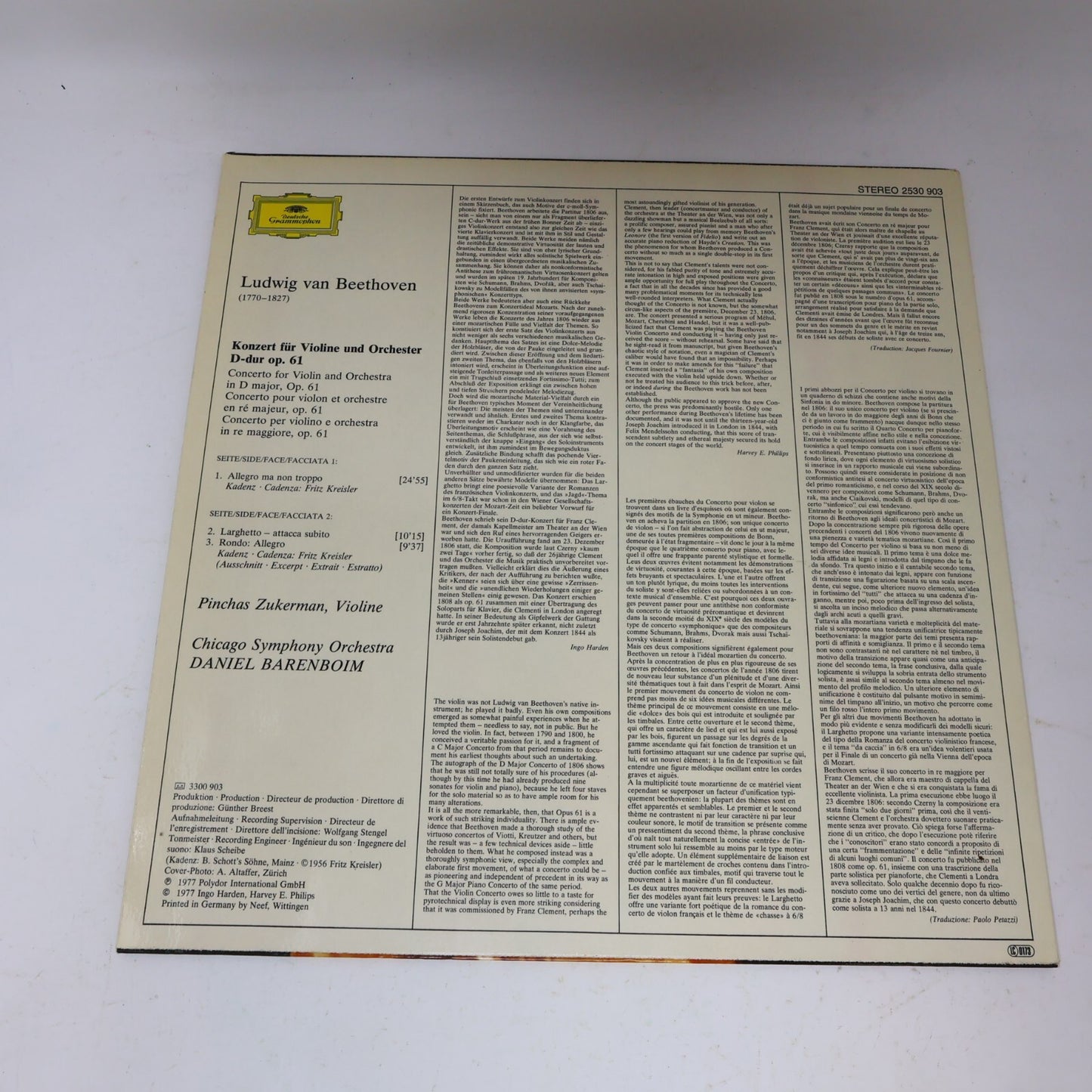 Beethoven Pinchas Zukerman Violinkonzert Chicago Barenboim LP Record 2530 903