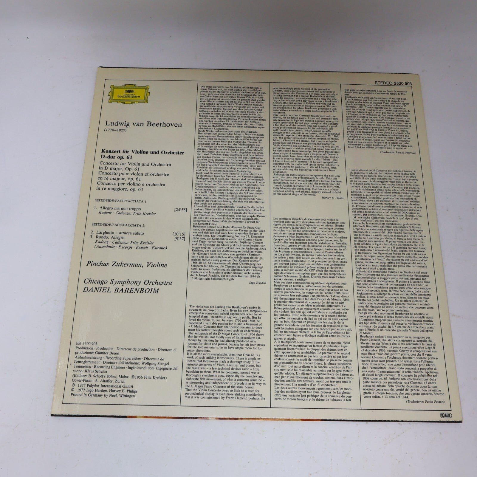 Beethoven Pinchas Zukerman Violinkonzert Chicago Barenboim LP Record 2530 903