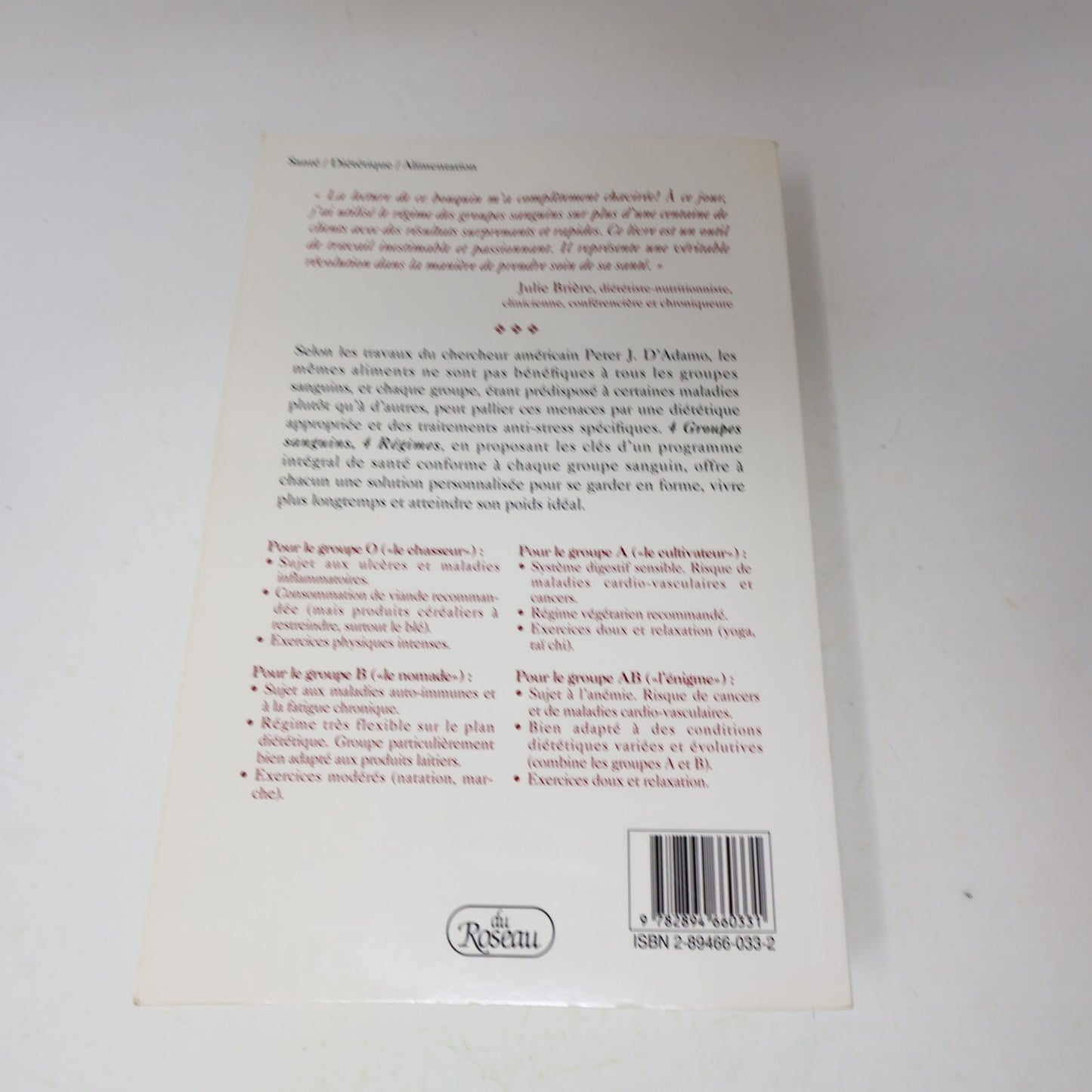 1999 4 Groupes Sanguins 4 Régimes Peter d'Adamo du Roseau Alimentation Nutrition