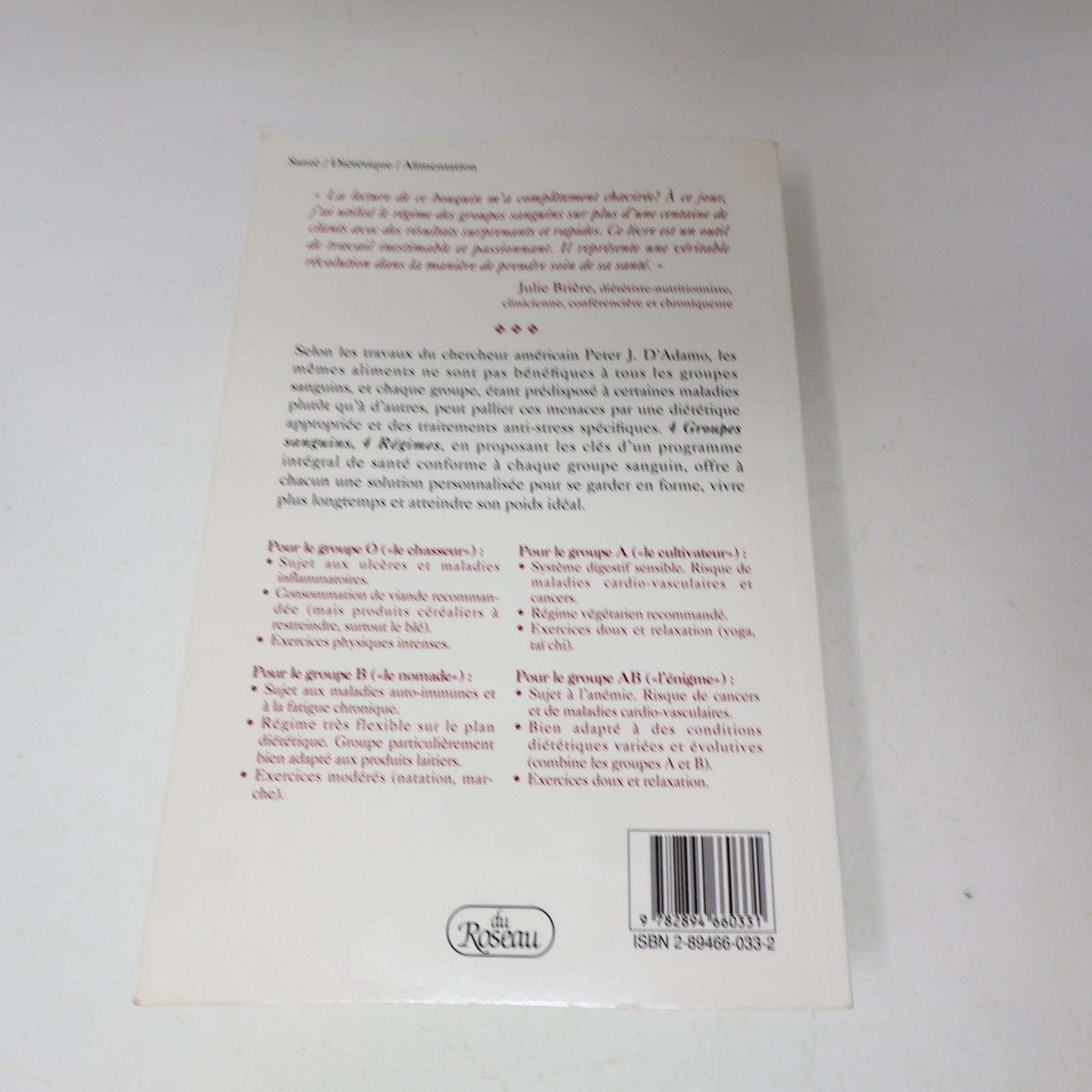 1999 4 Groupes Sanguins 4 Régimes Peter d'Adamo du Roseau Alimentation Nutrition