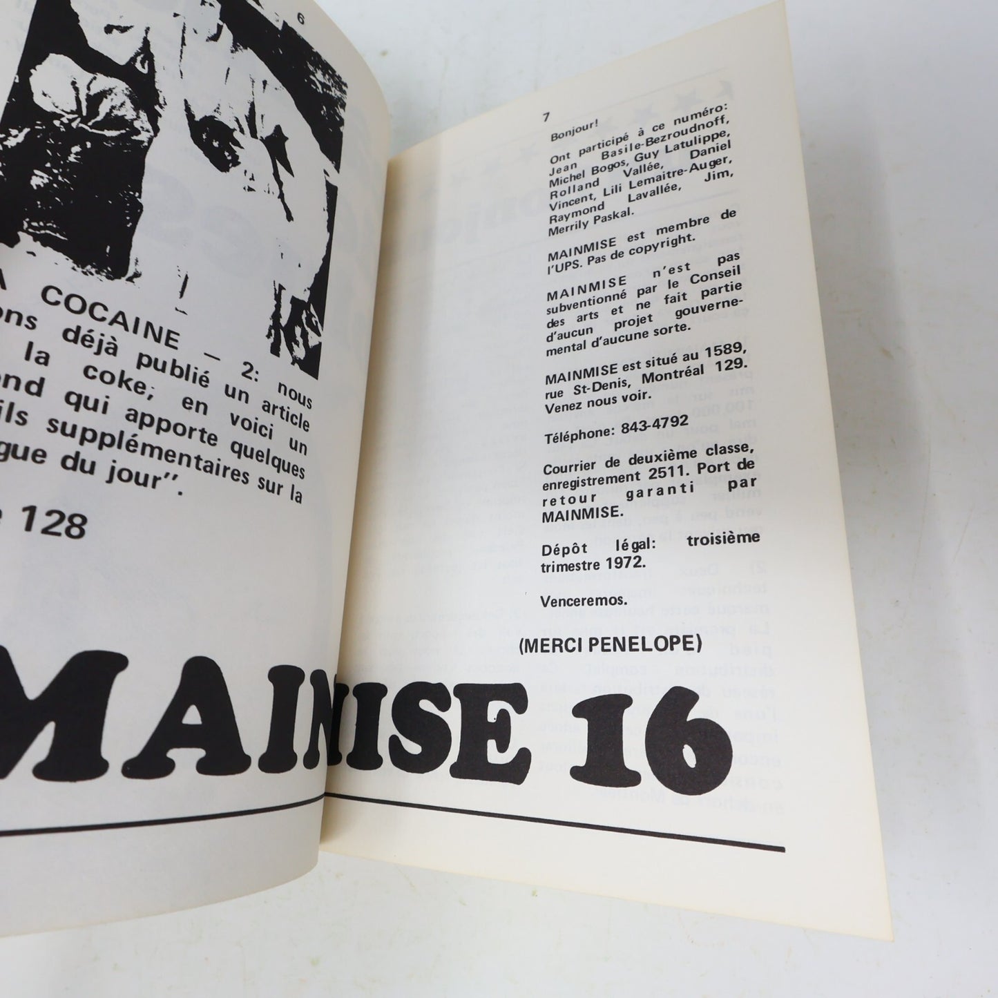 Mainmise #16 Contre-Culture Underground Québécois Revue Septembre 1972 Français