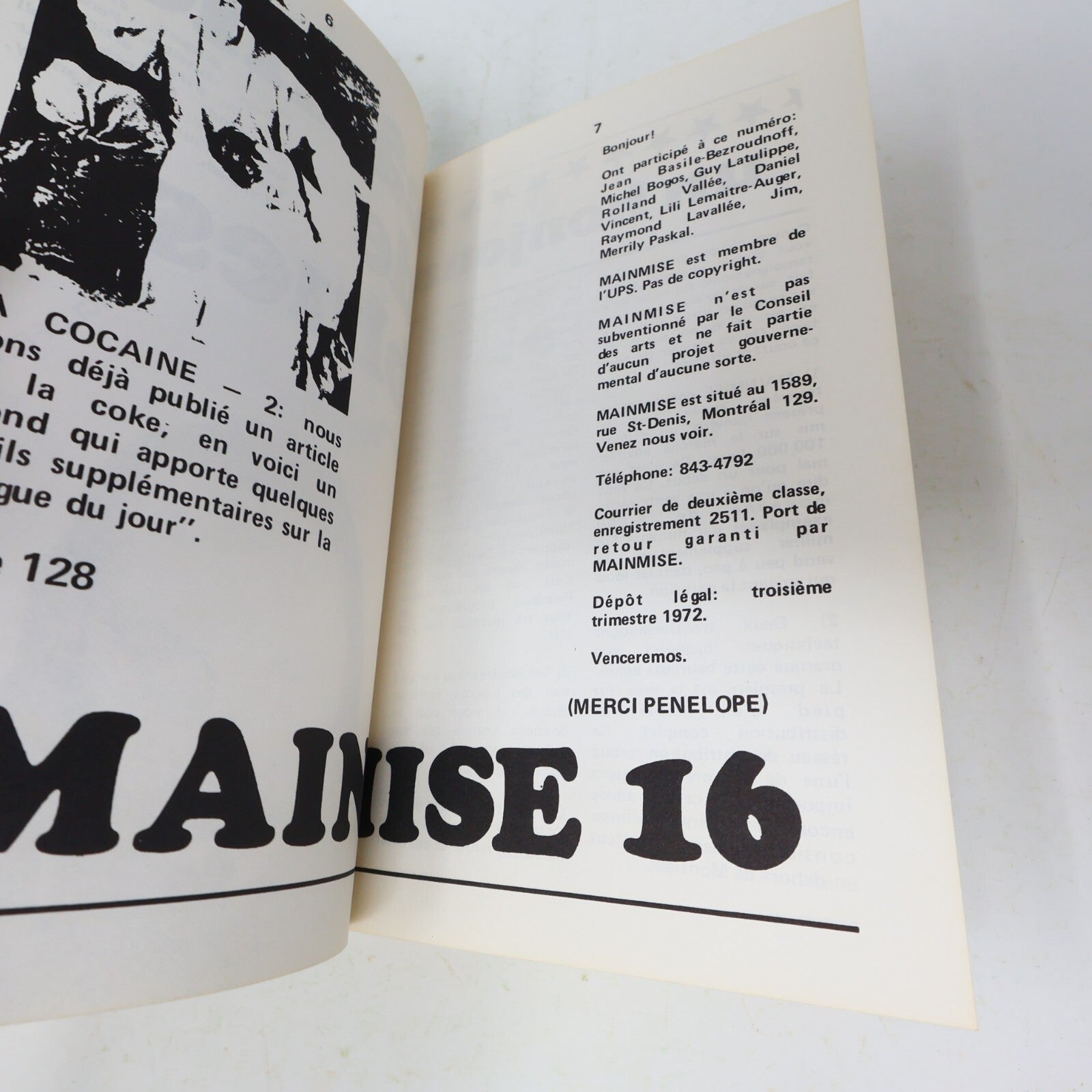Mainmise #16 Contre-Culture Underground Québécois Revue Septembre 1972 Français