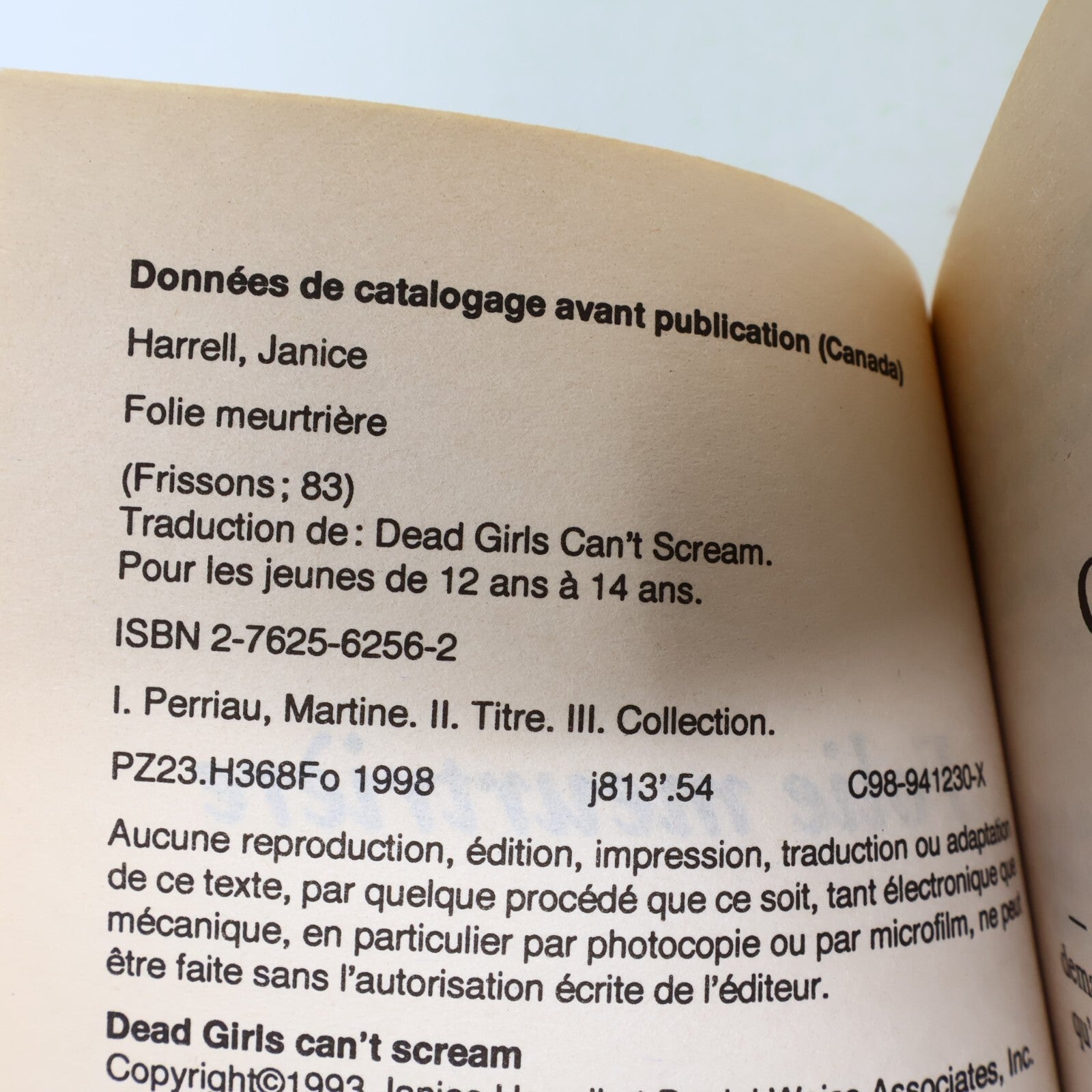 1998 Folie Meurtrière Frissons #83 de Janice Harrell Paperback PB EH Enfants 90s