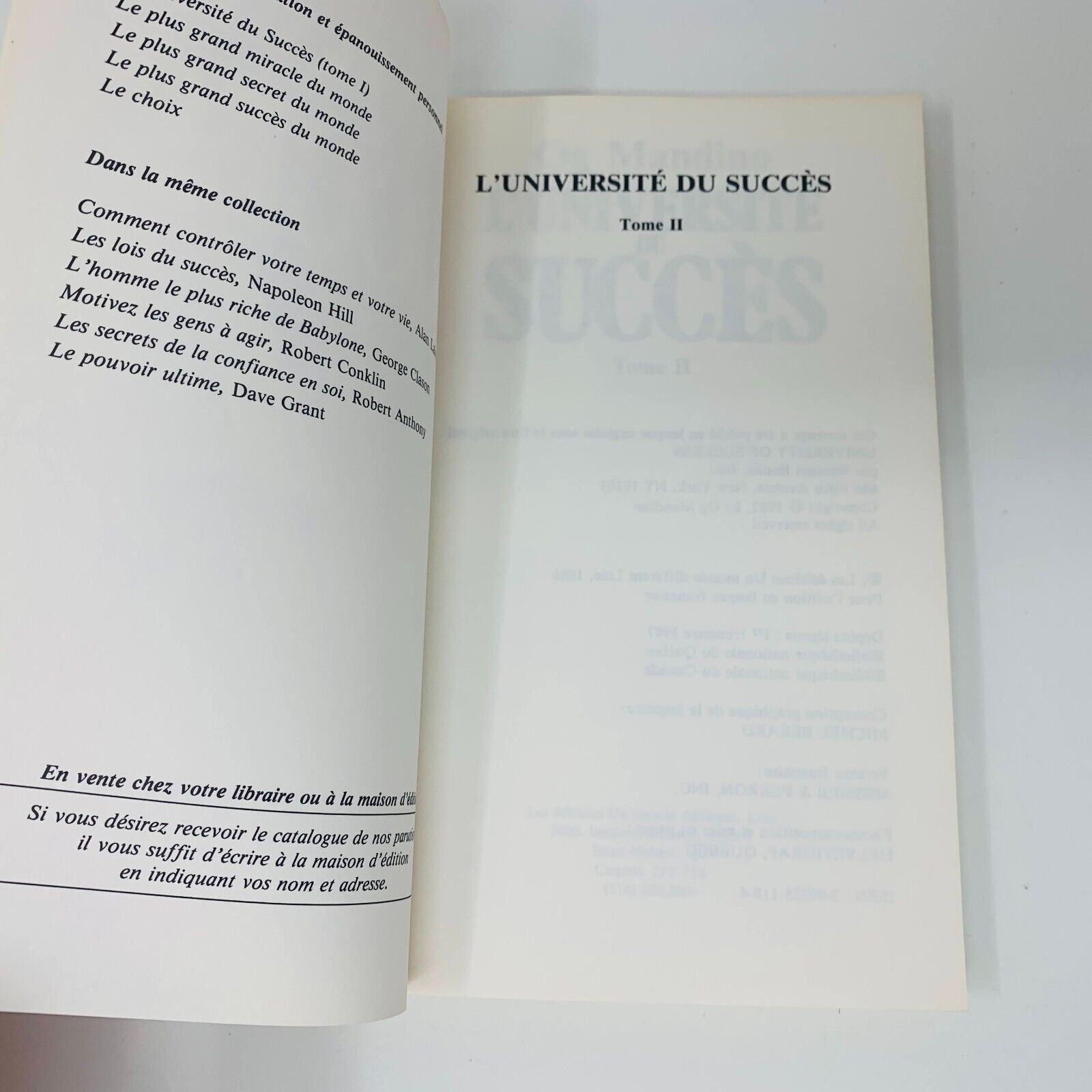 1987 L'Université du Succès Tome #2-3 Og Mandino Un Monde Différent Lot Livres