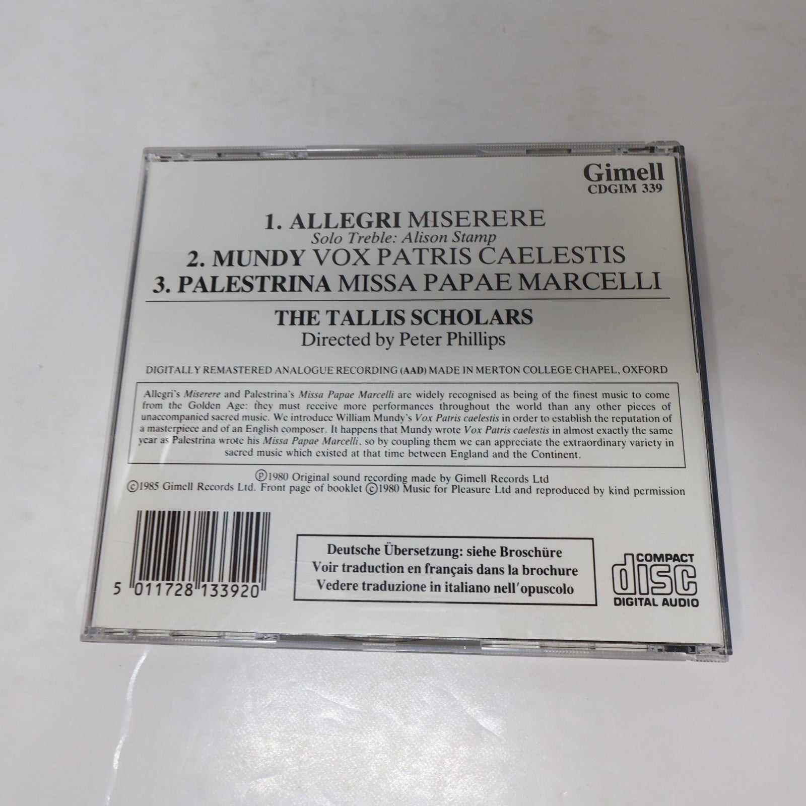 Allegri Miserere CD William Mundy/Palestrina/The Tallis Scholars/Peter Phillips