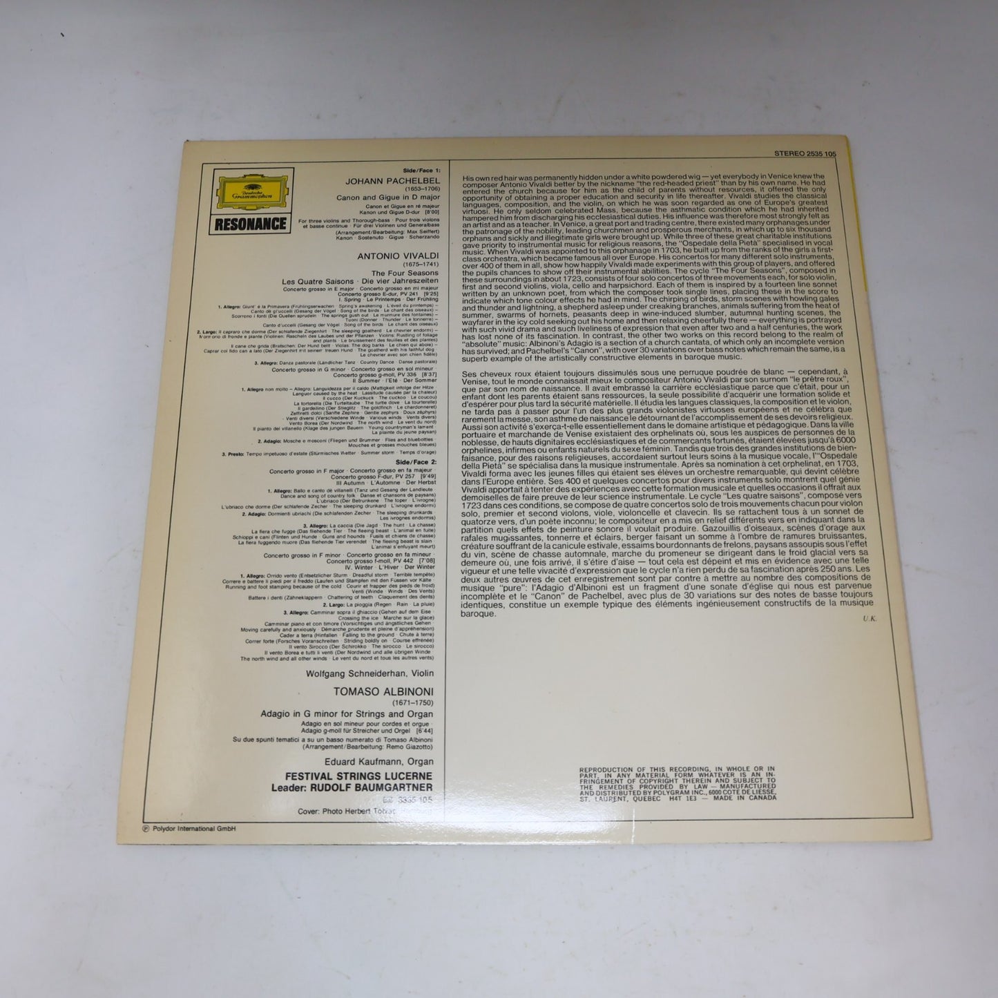 Four Seasons/Adagio/Canon & Gigue Lucerne Festival Baumgartner Record 2535 1 105