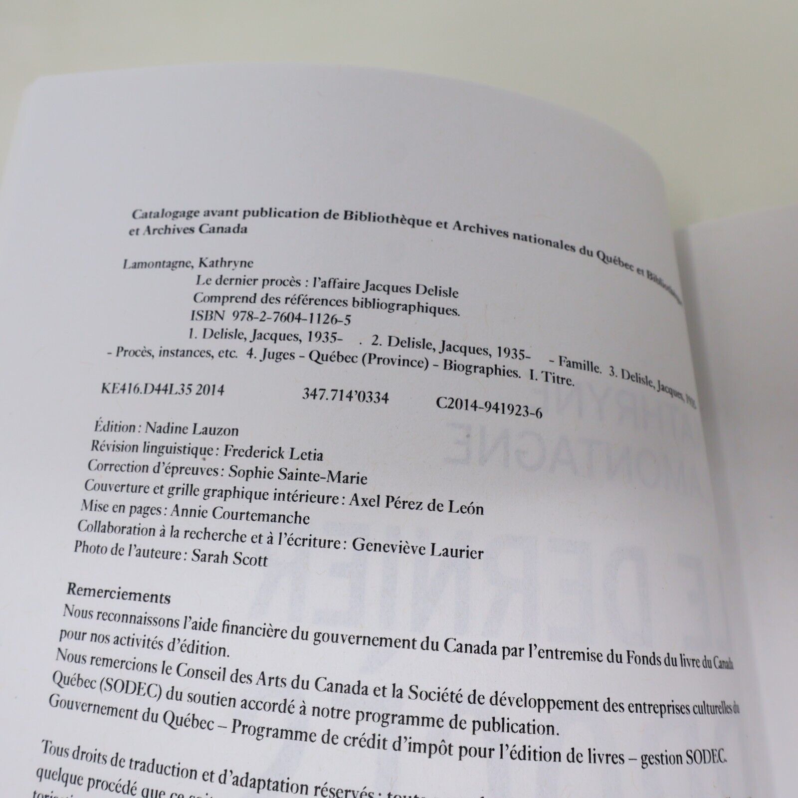 2014 Le Dernier Procès l'Affaire Jacques Delisle Kathryne Lamontagne Stanké PB
