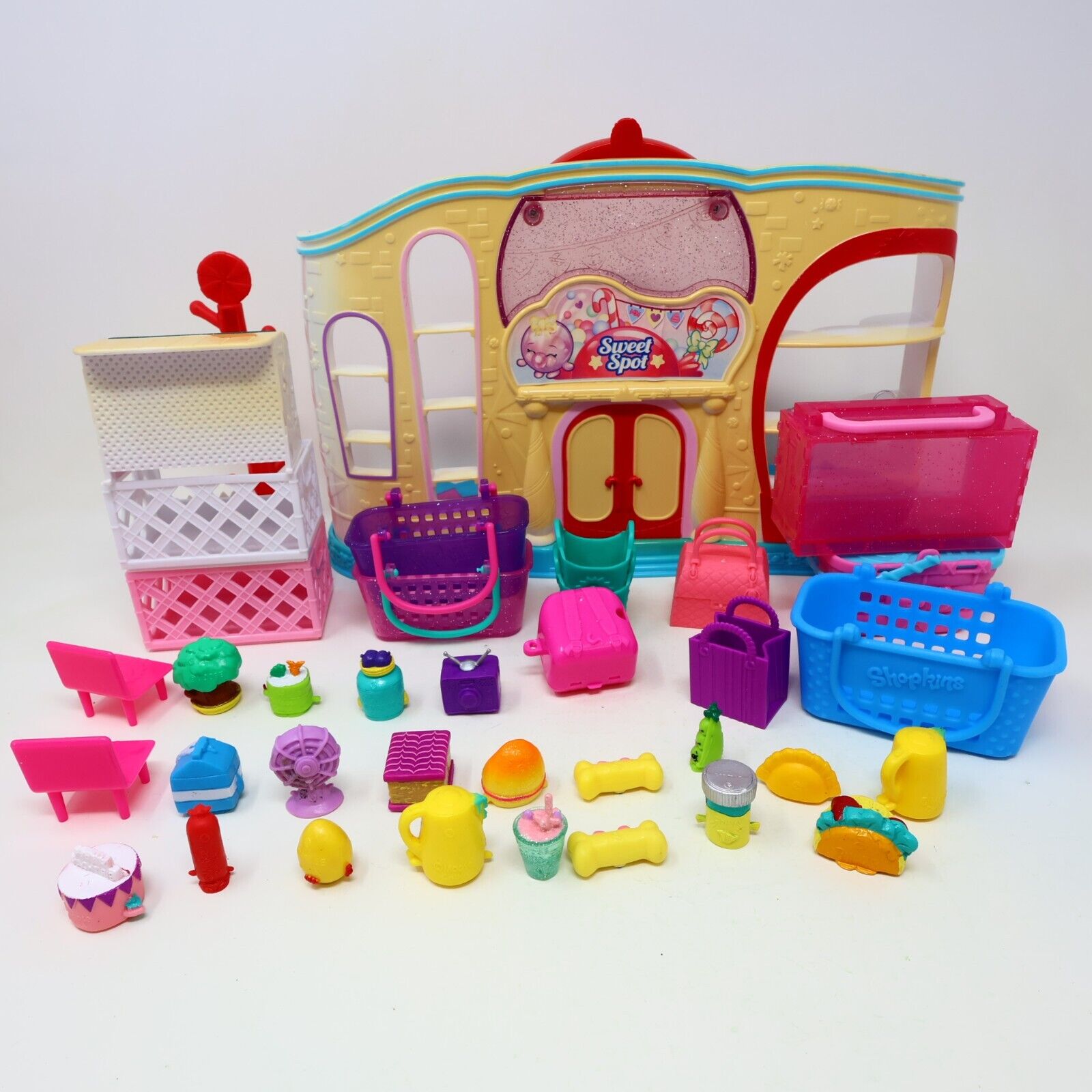 Lot of 20 Shopkins Figures + Sweet Spot Candy Shop Toys Baskets Mixed Moose