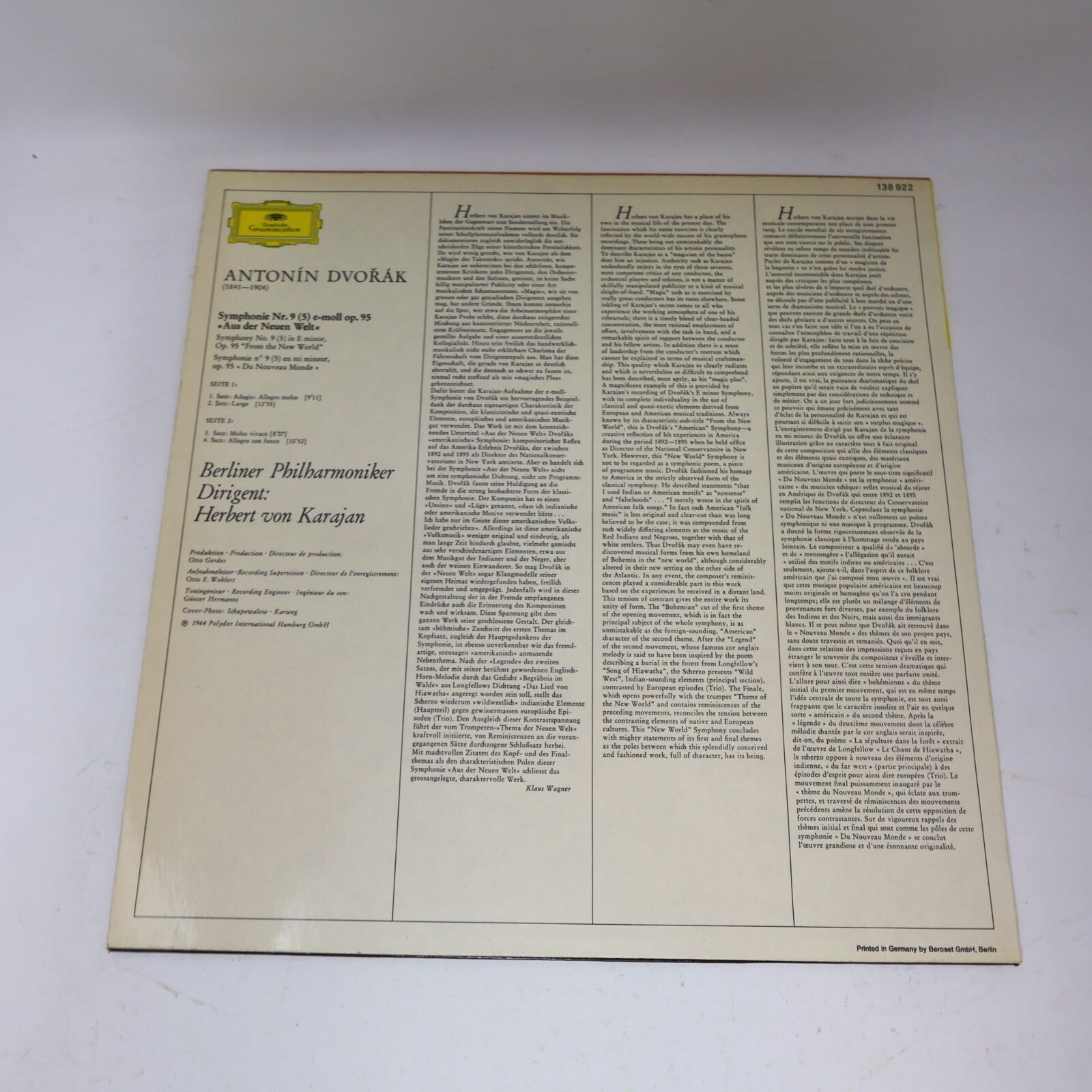 Herbert von Karajan Dvořák From The New World Symphonie Nr.9 (5) Record 138 922