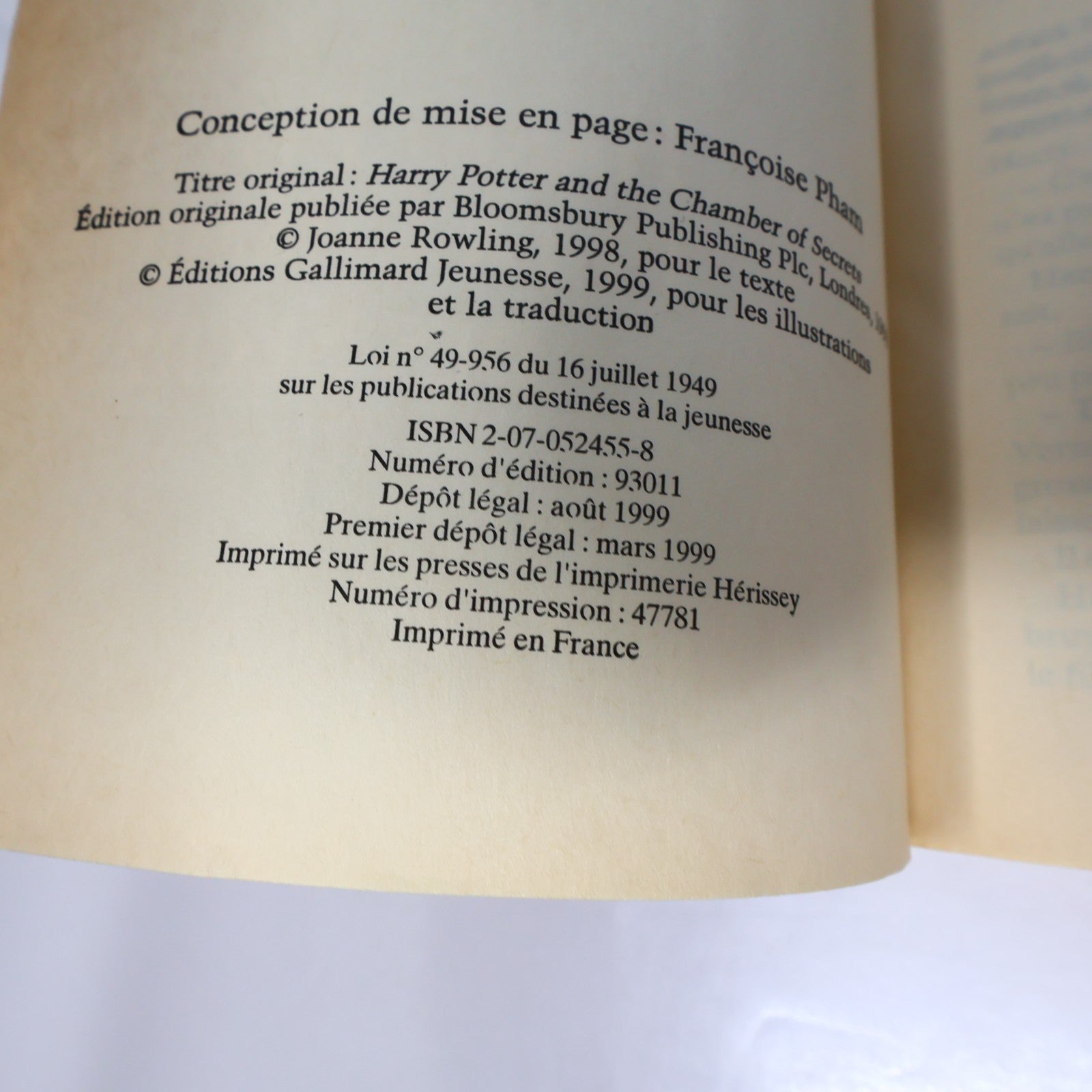 Harry Potter et la Chambre des Secrets Livre 1ère Édition Illustrée Août 1999 PB