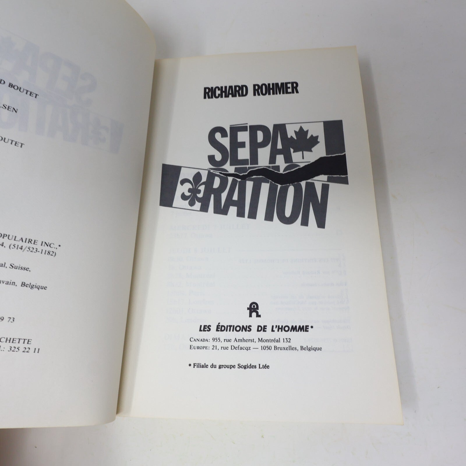 1977 Séparation Richard Rohmer De L'homme Québec Canada Fiction Historique Livre