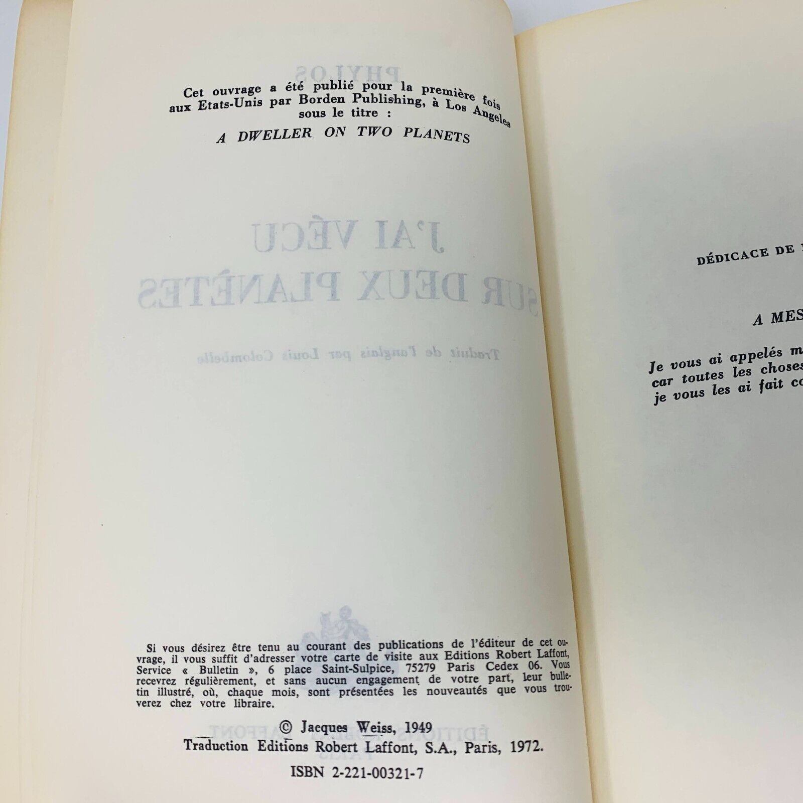 1979 J'ai Vécu sur Deux Planètes Les Portes de l'Étrange Phylos Robert Laffont