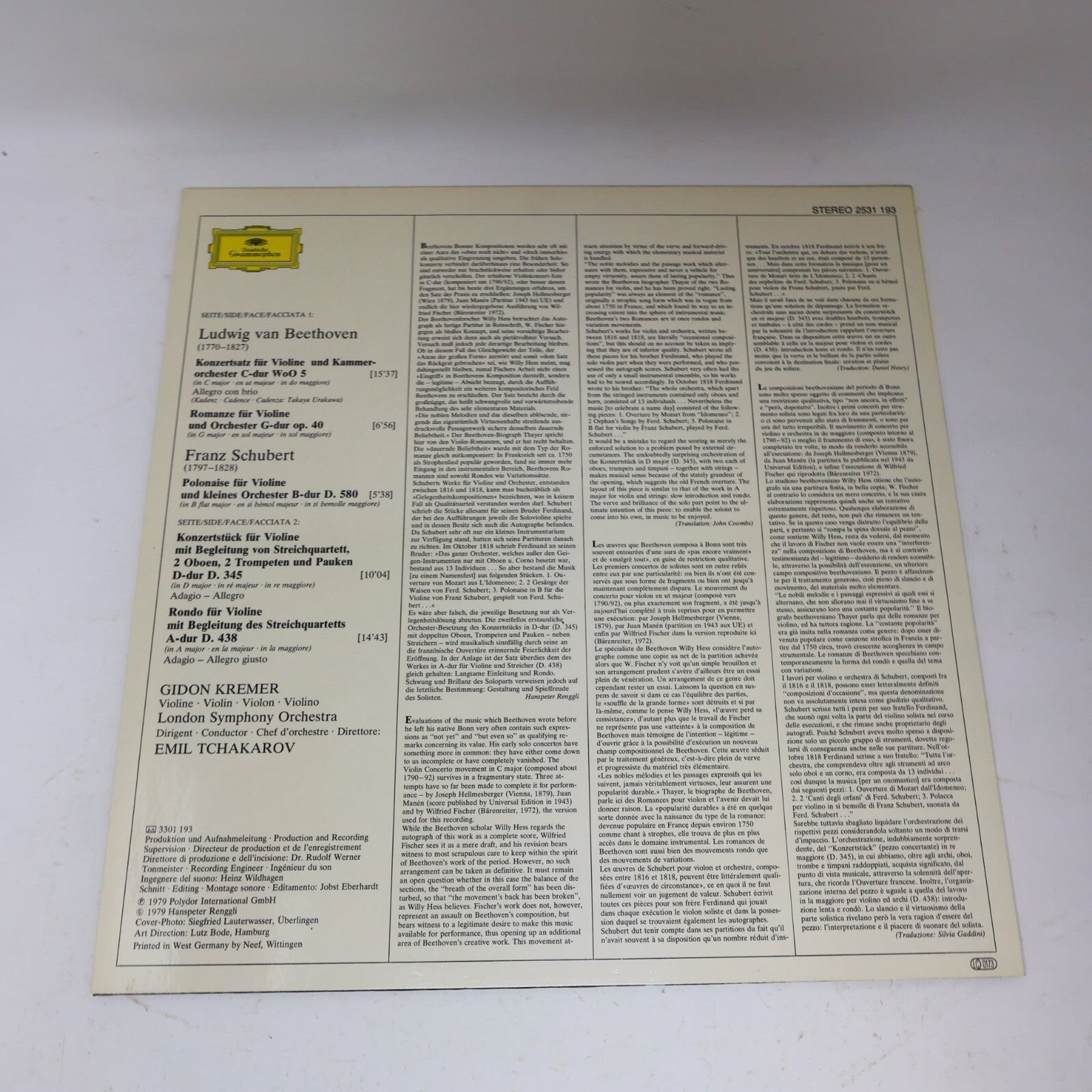 Gidon Kremer Musik Für Violine & Orchester Beethoven / Schubert Record  2531 193