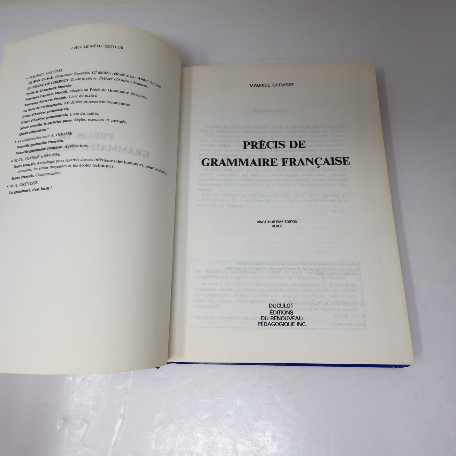 Précis de Grammaire Française Maurice Grevisse 1987 Relié Éducation Langue