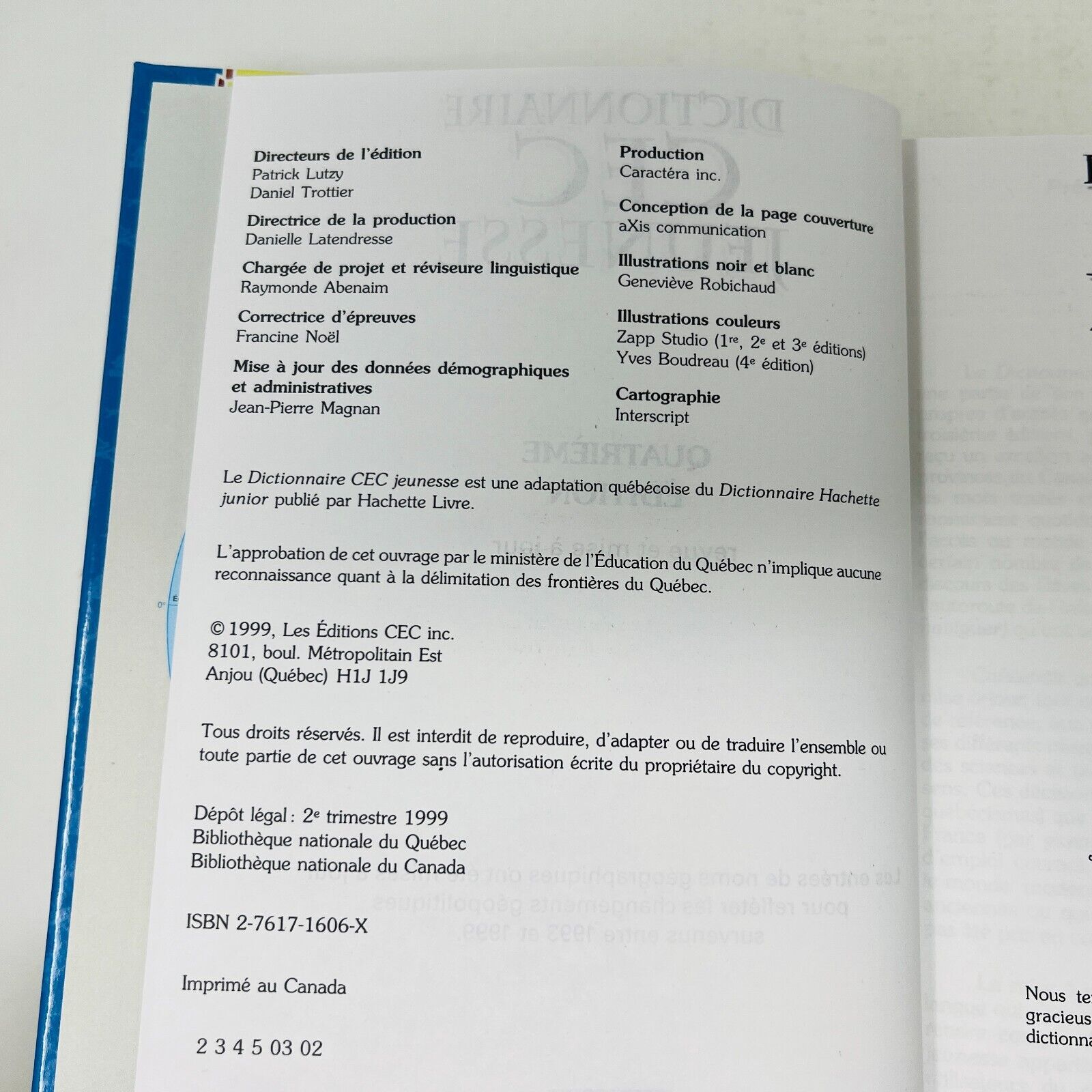 1999 Dictionnaire CEC Jeunesse Abenaim/Boulanger/Robichaud 4e Édition Français