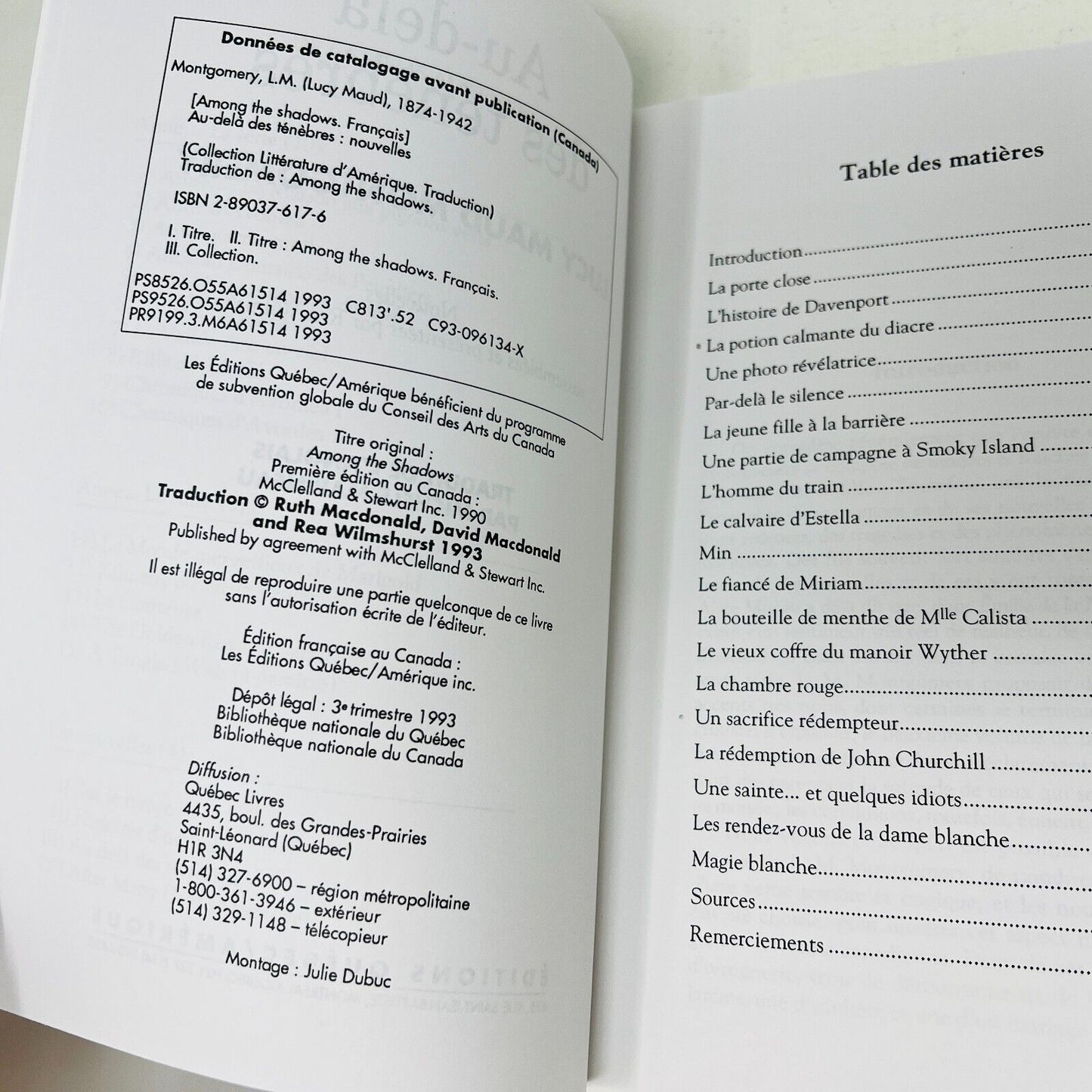 1993 Au-Delà des Ténèbres de Lucy Maud Montgomery Québec/Amérique en Français