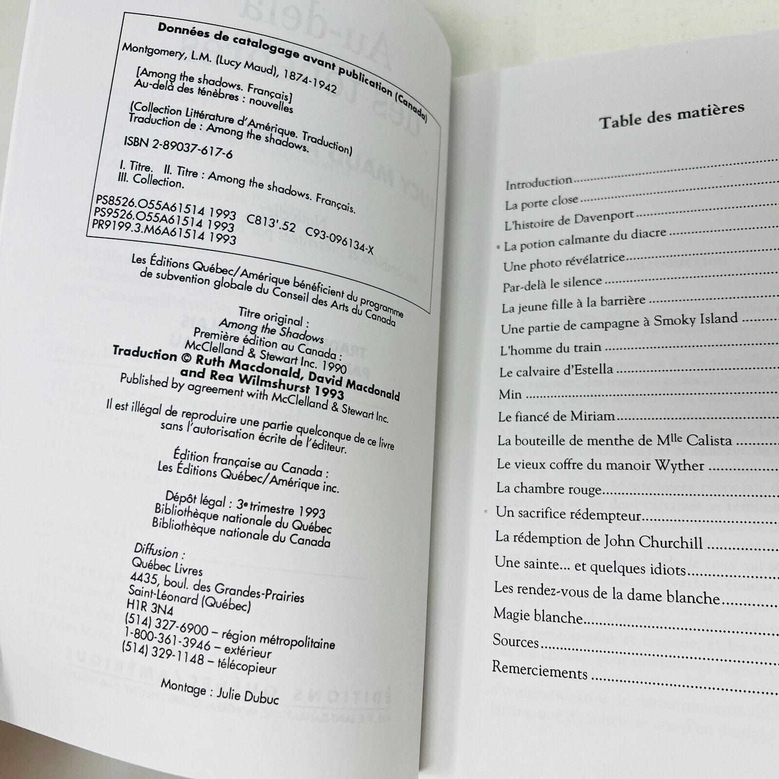 1993 Au-Delà des Ténèbres de Lucy Maud Montgomery Québec/Amérique en Français