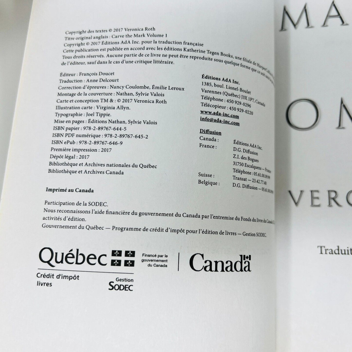 2017 Marquer les Ombres de Veronica Roth Livre ADA en Français/French Paperback